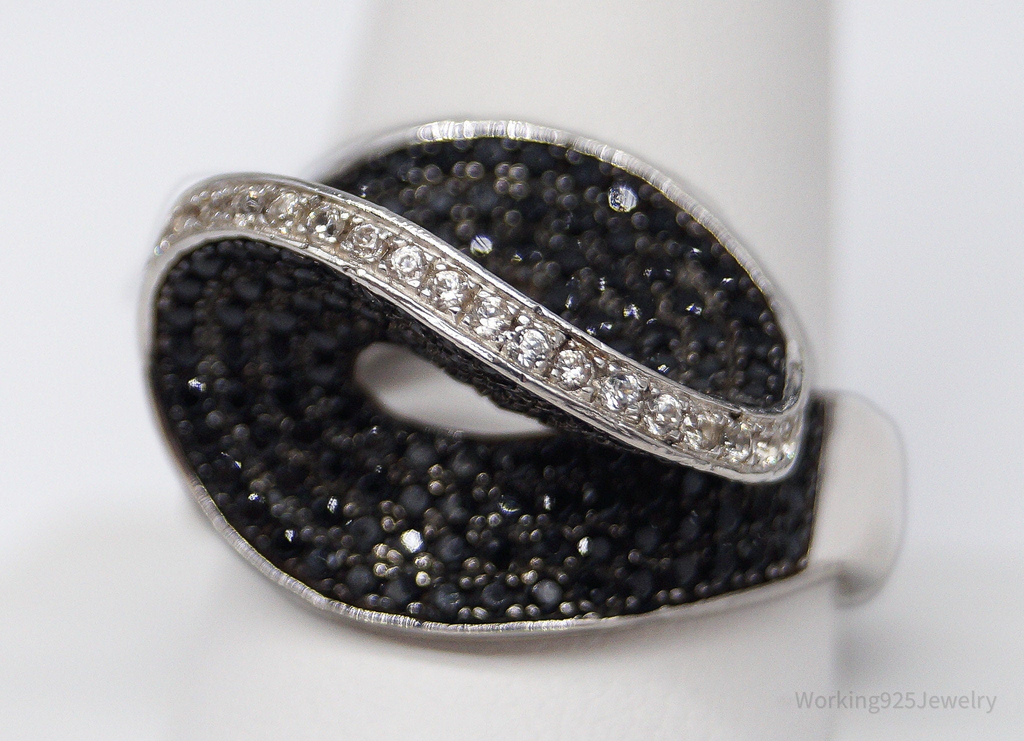 Vintage Black Tourmaline & White Topaz Sterling Silver Ring - Size 12