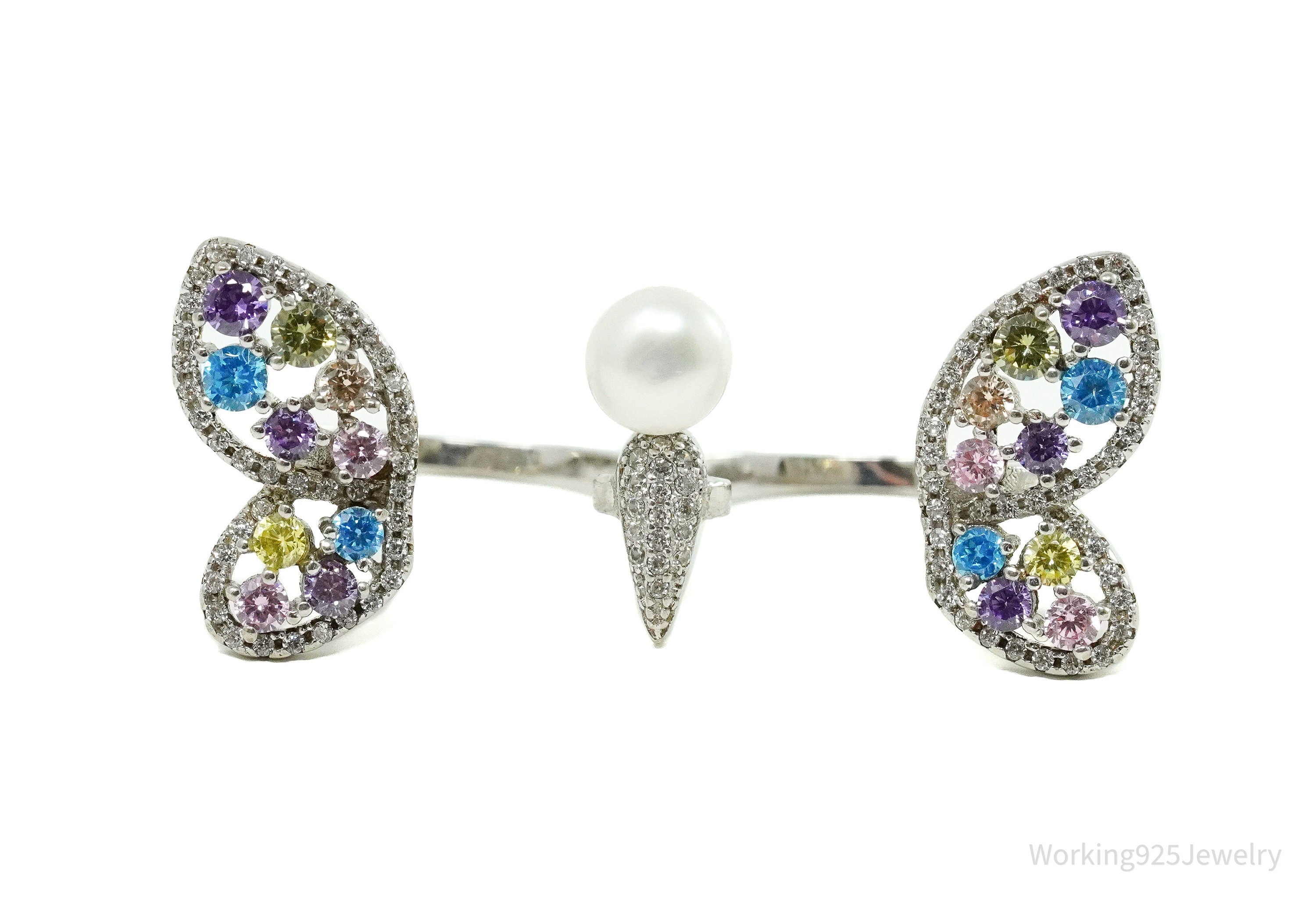 FZN Pearl & Multi Color Cubic Zirconia Butterfly Sterling Silver Ring - Size 7