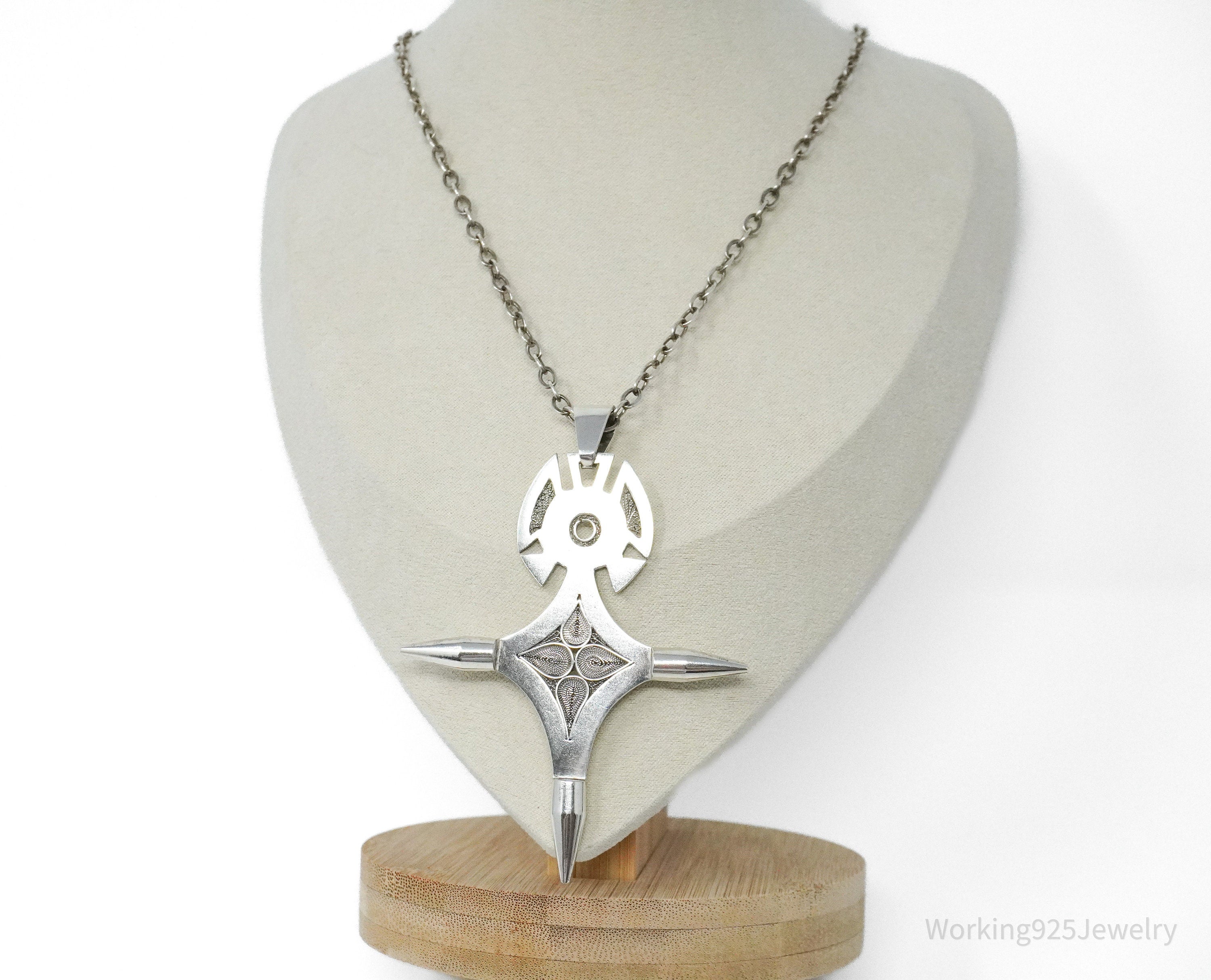 Vintage Large African Cross Silver Necklace 24"