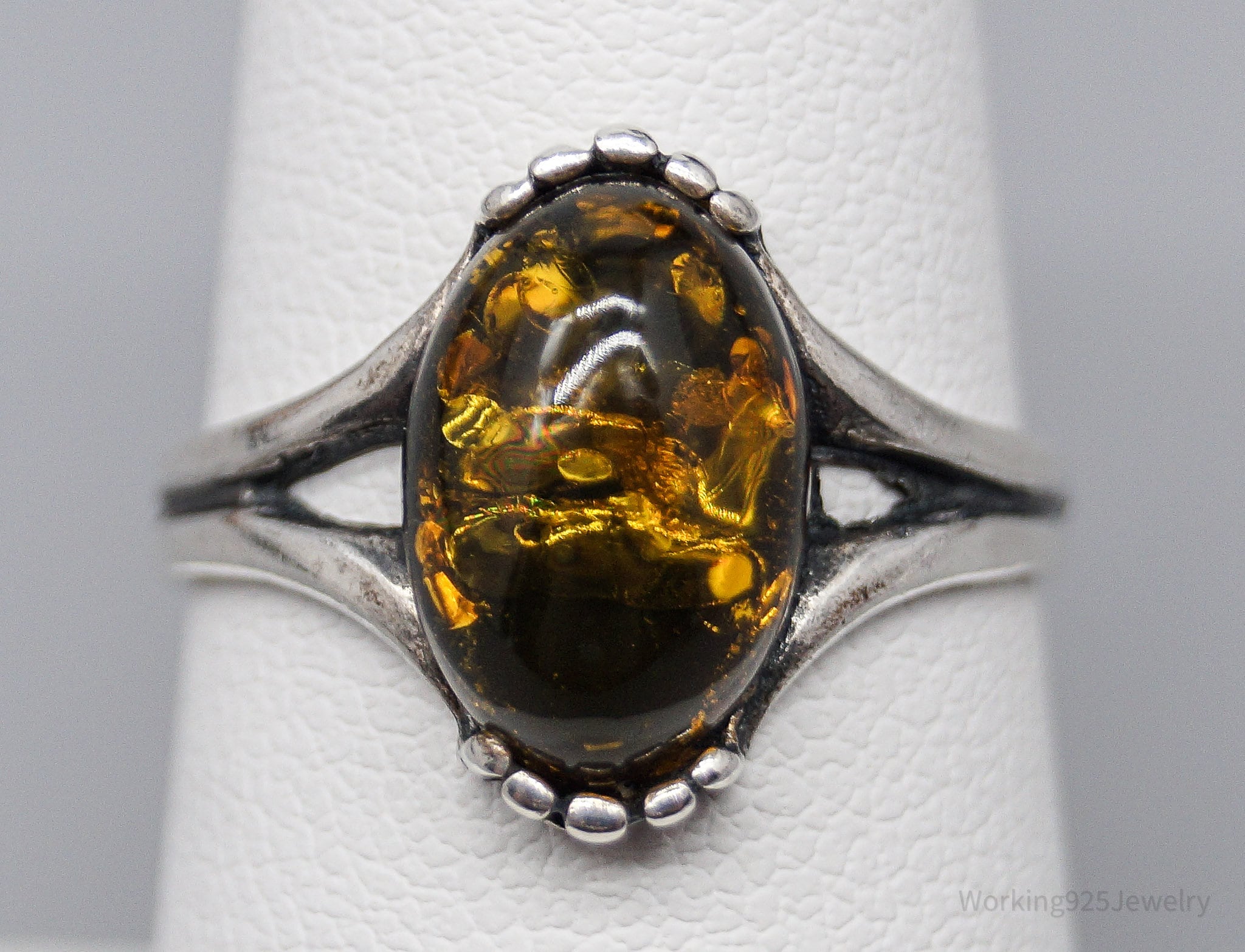 Vintage Amber Sterling Silver Ring - Size 7
