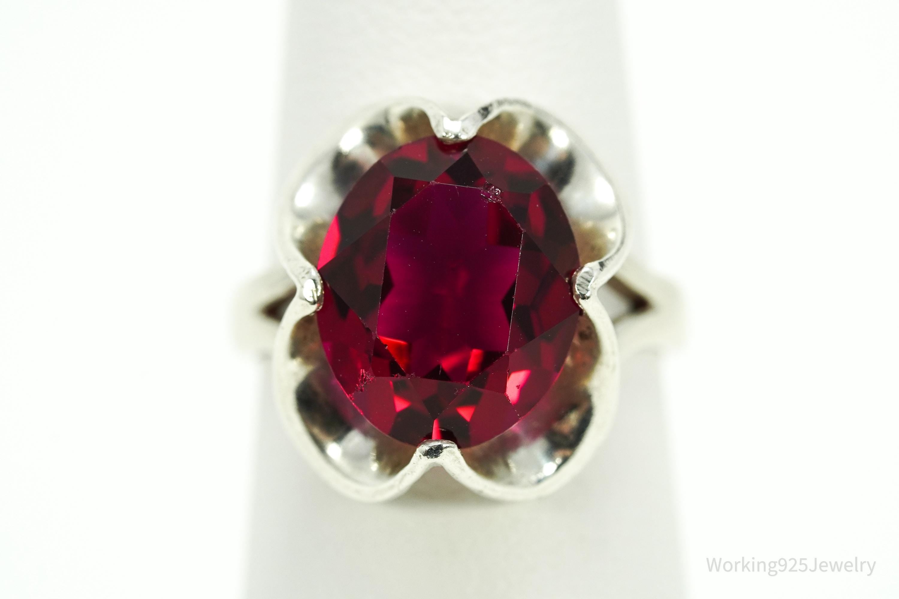 Vintage Mexico Modernist Red Paste Glass Stone Sterling Silver Ring - Size 5