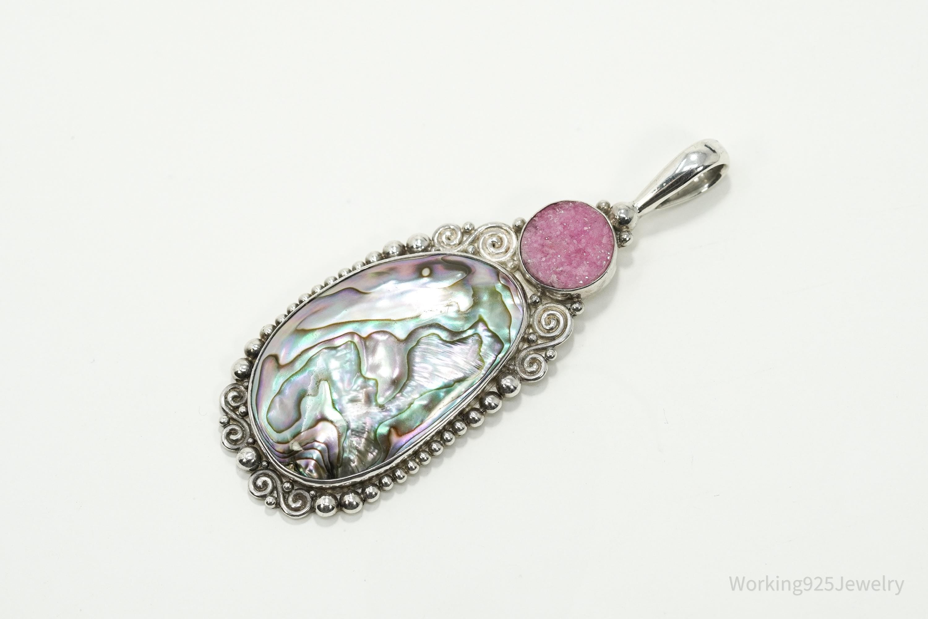 Vintage Designer SAJEN Paua Abalone & Pink Druzy Quartz Sterling Silver Pendant