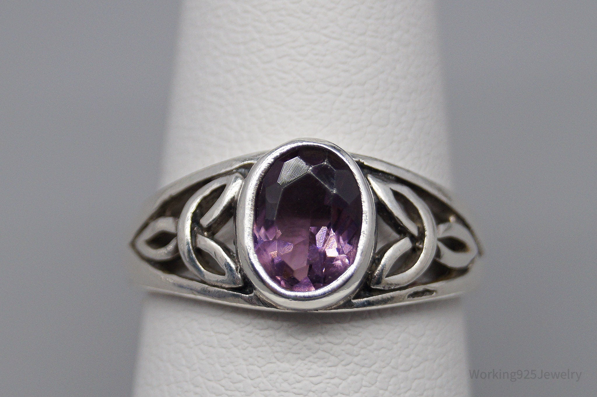 Vintage Amethyst Trinity Celtic Knot Sterling Silver Ring - Size 7
