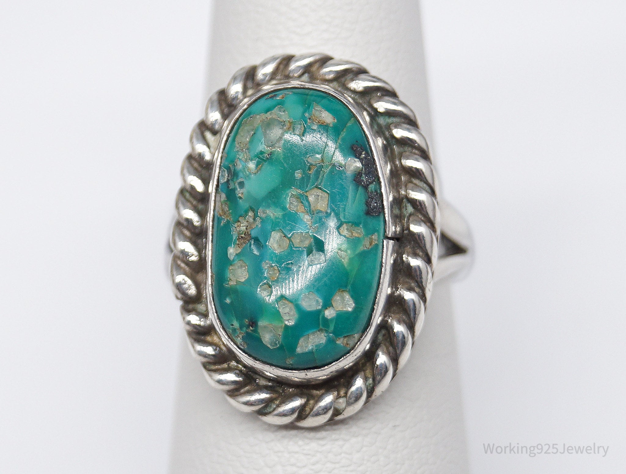 Vintage Native American Turquoise Unsigned Silver Ring - Size 6.25