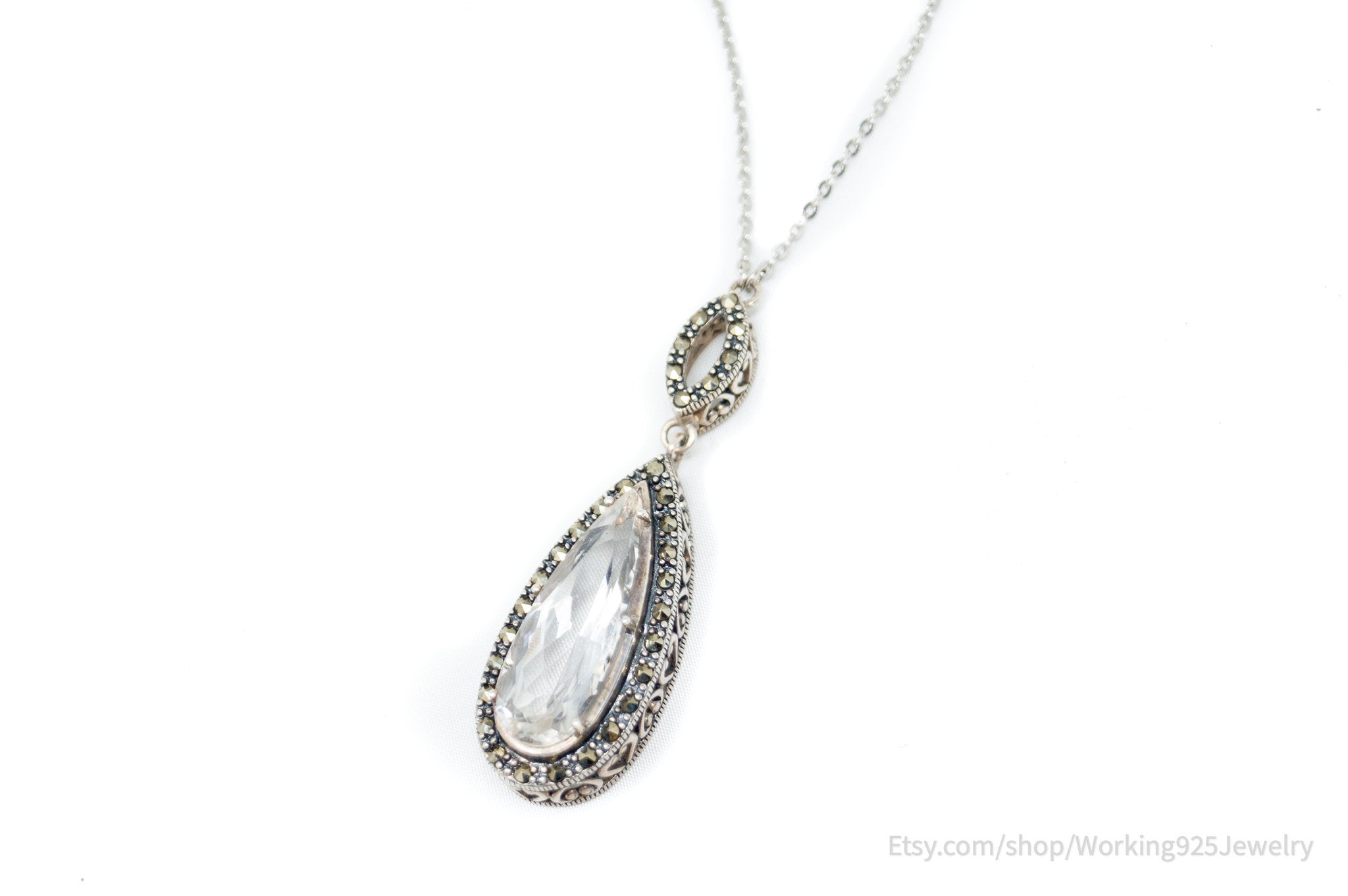 Vintage Marcasite Art Deco Cubic Zirconia Heart Scroll Sterling Silver Necklace