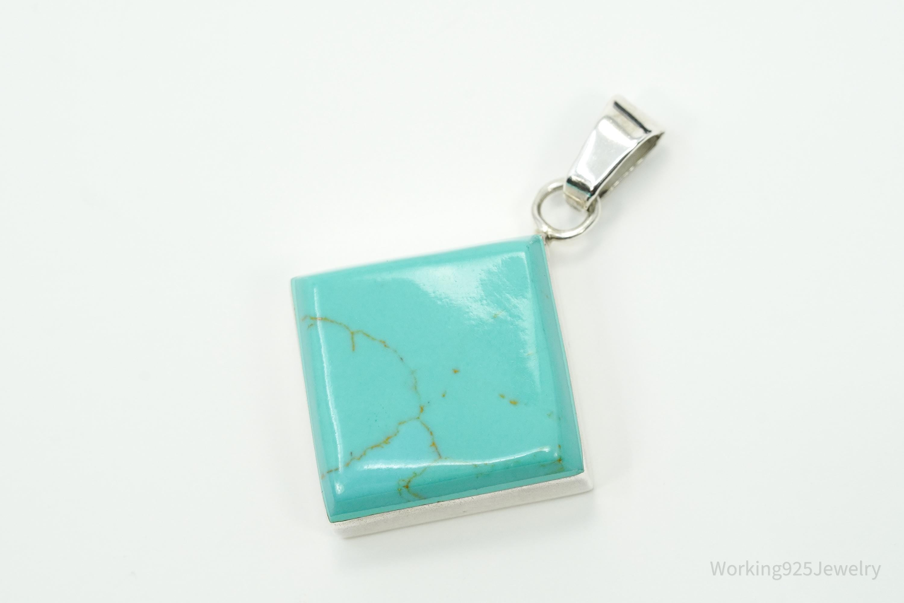 Vintage Turquoise Square Sterling Silver Necklace Pendant