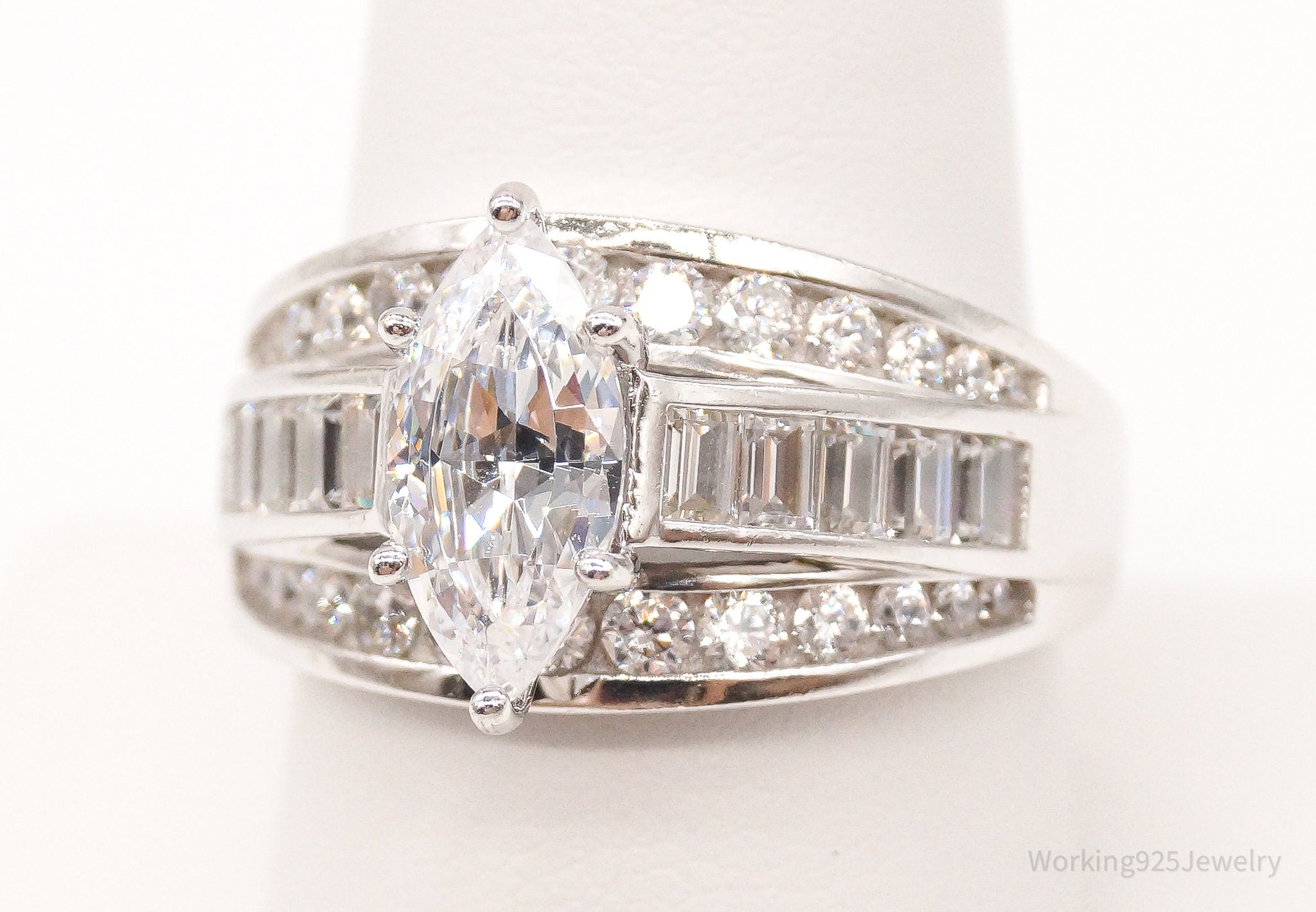 Vintage Designer Cubic Zirconia Platinum-Plated Sterling Silver Ring - Size 9