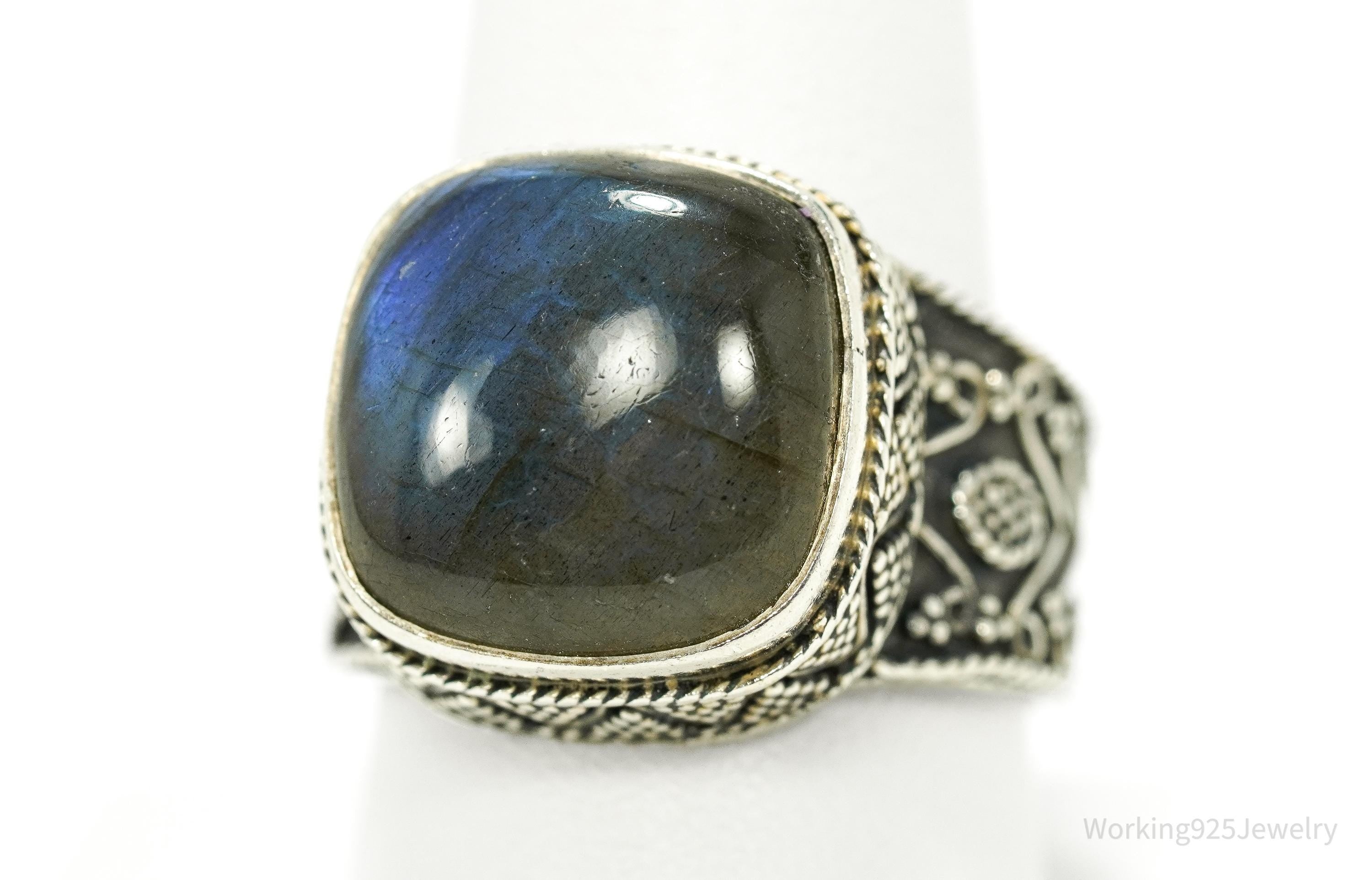 Vintage Large Labradorite Ornate Sterling Silver Ring - SZ 10.25