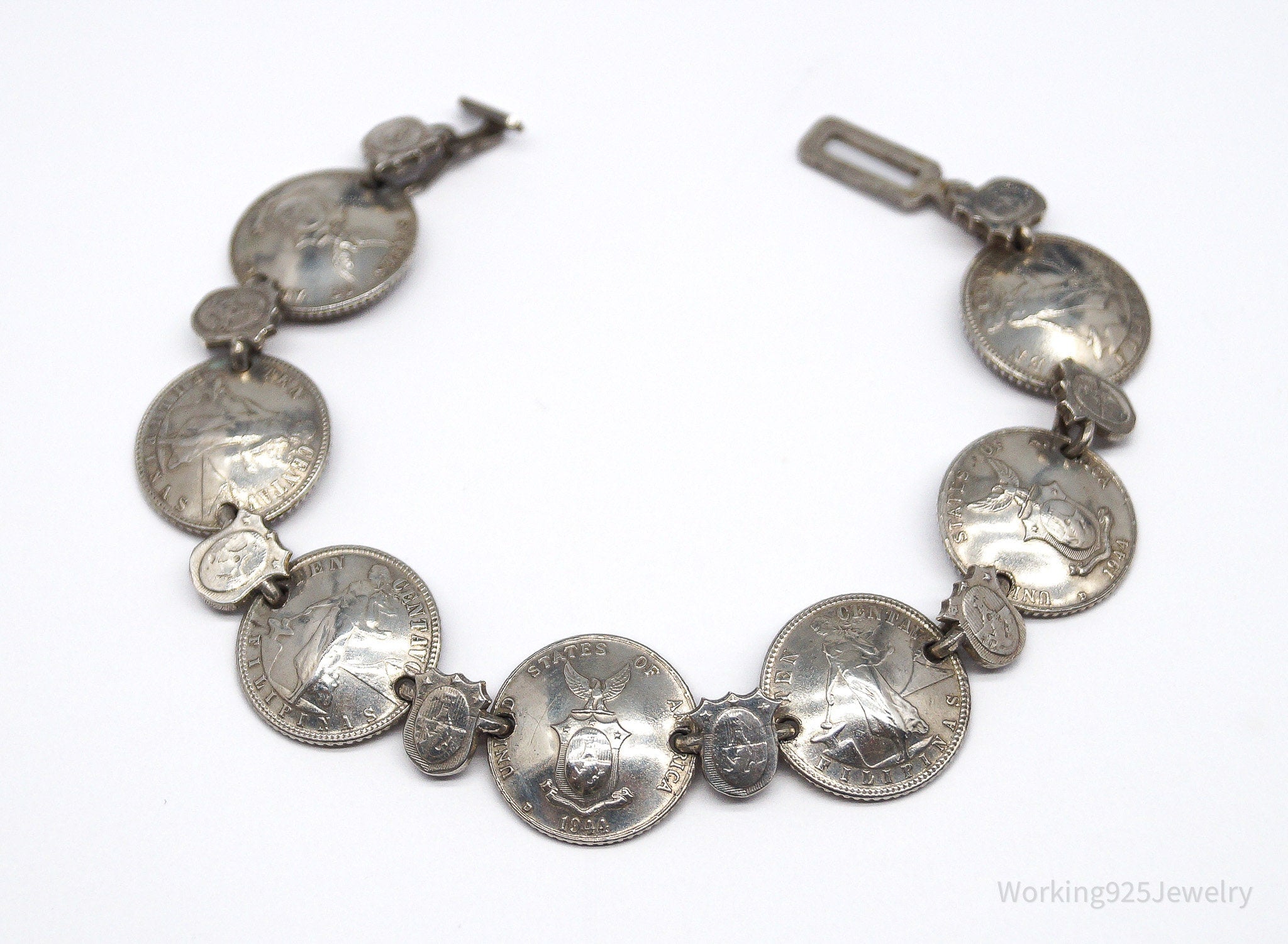 Vintage 1944 Philippines Centavos Silver Bracelet - 7 1/8"