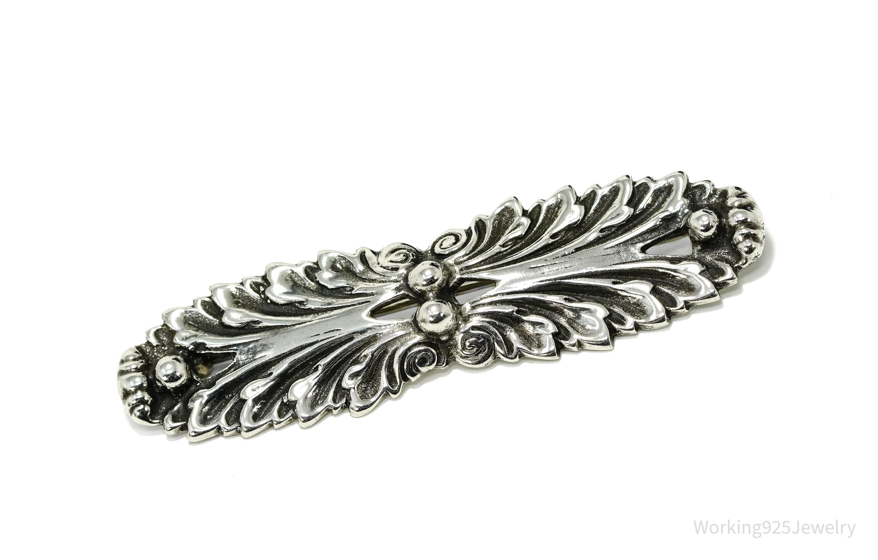 Large Vintage Mid Century Floral Sterling Silver Brooch Pin 3"
