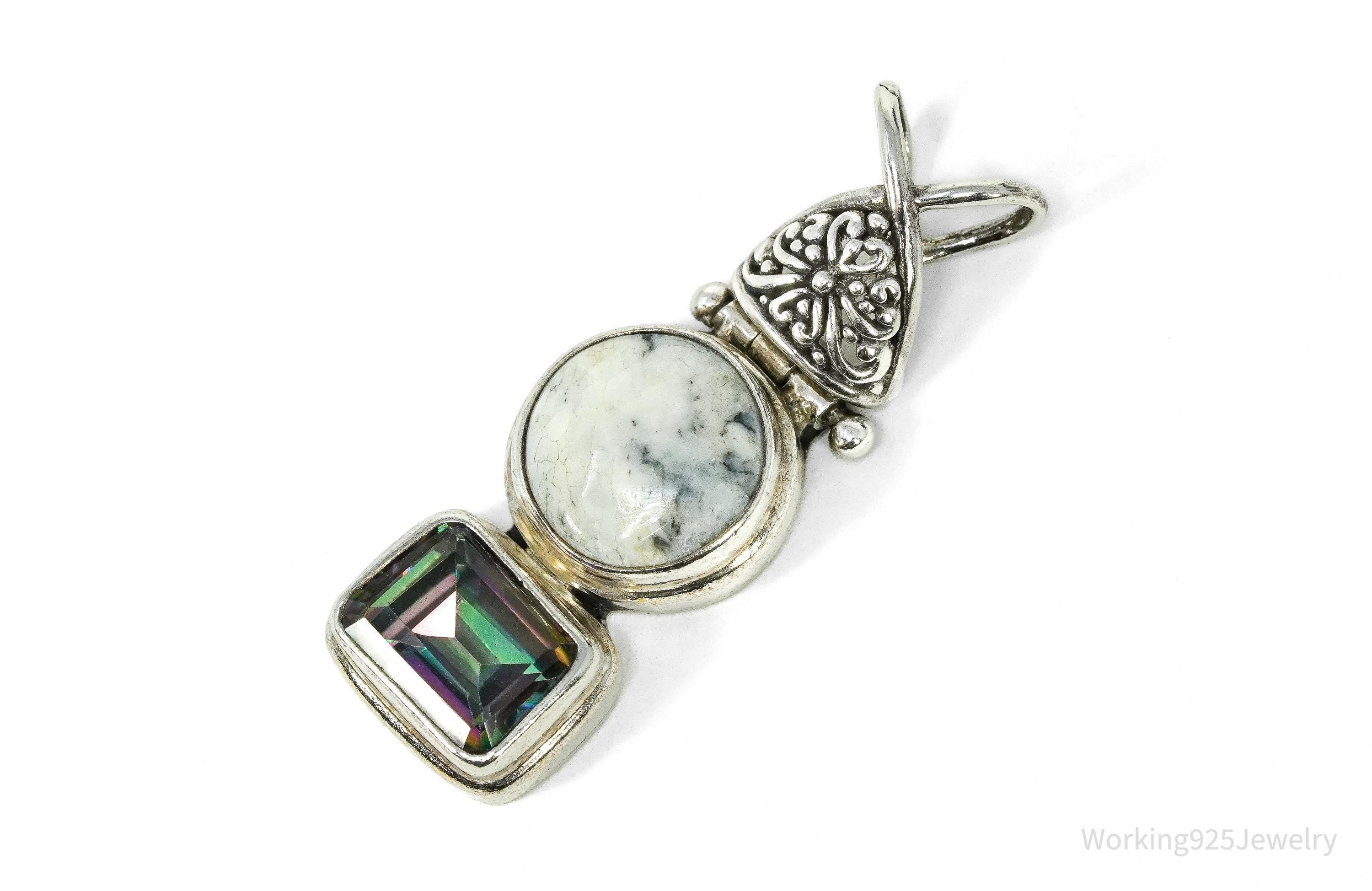 Vintage Bali Designer SARDA Mystic Topaz & Granite Sterling Silver Pendant 1 3/8"