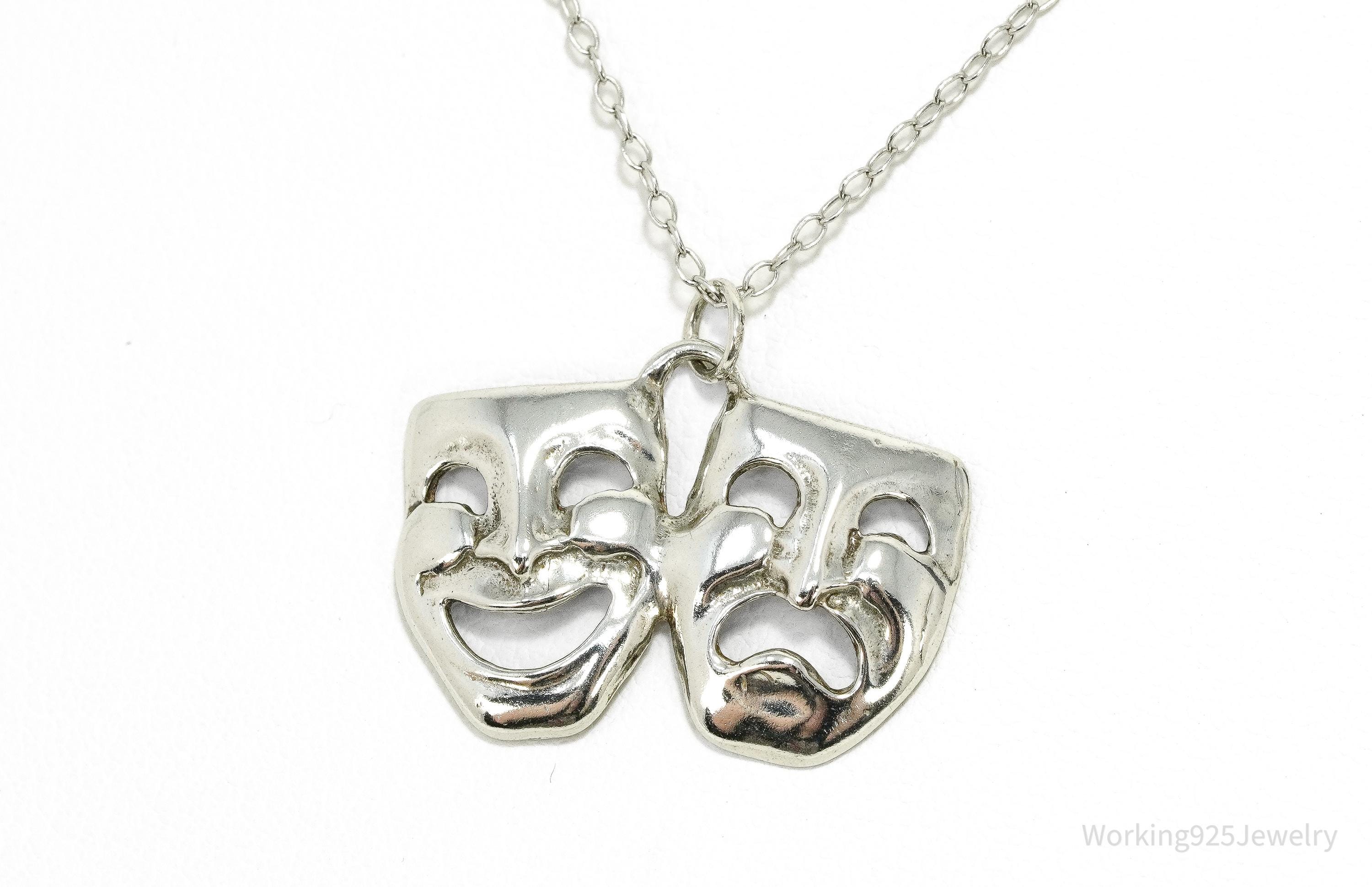 Vintage Tragedy Comedy Masks Sterling Silver Necklace 18"