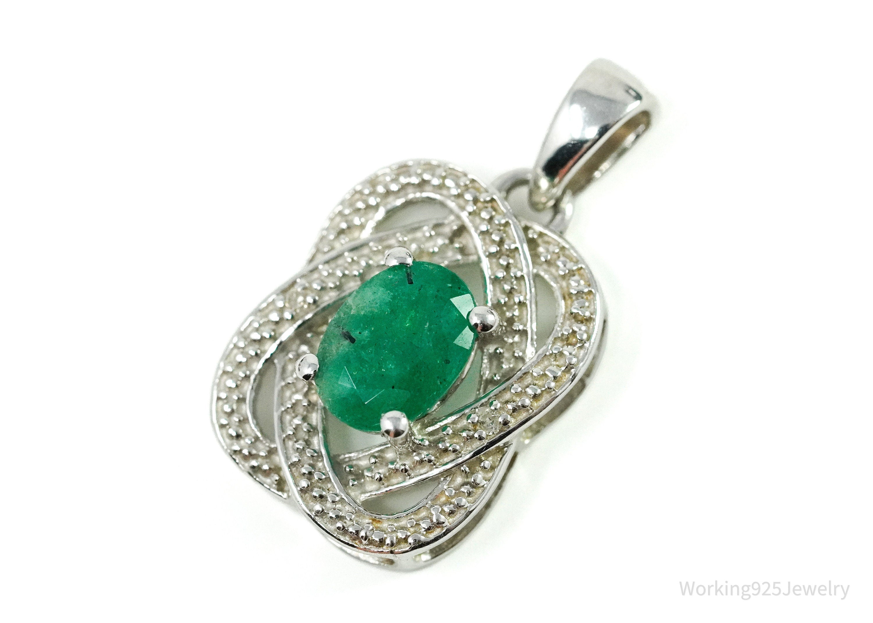 TGGC Emerald & Two Diamond Sterling Silver Necklace Pendant