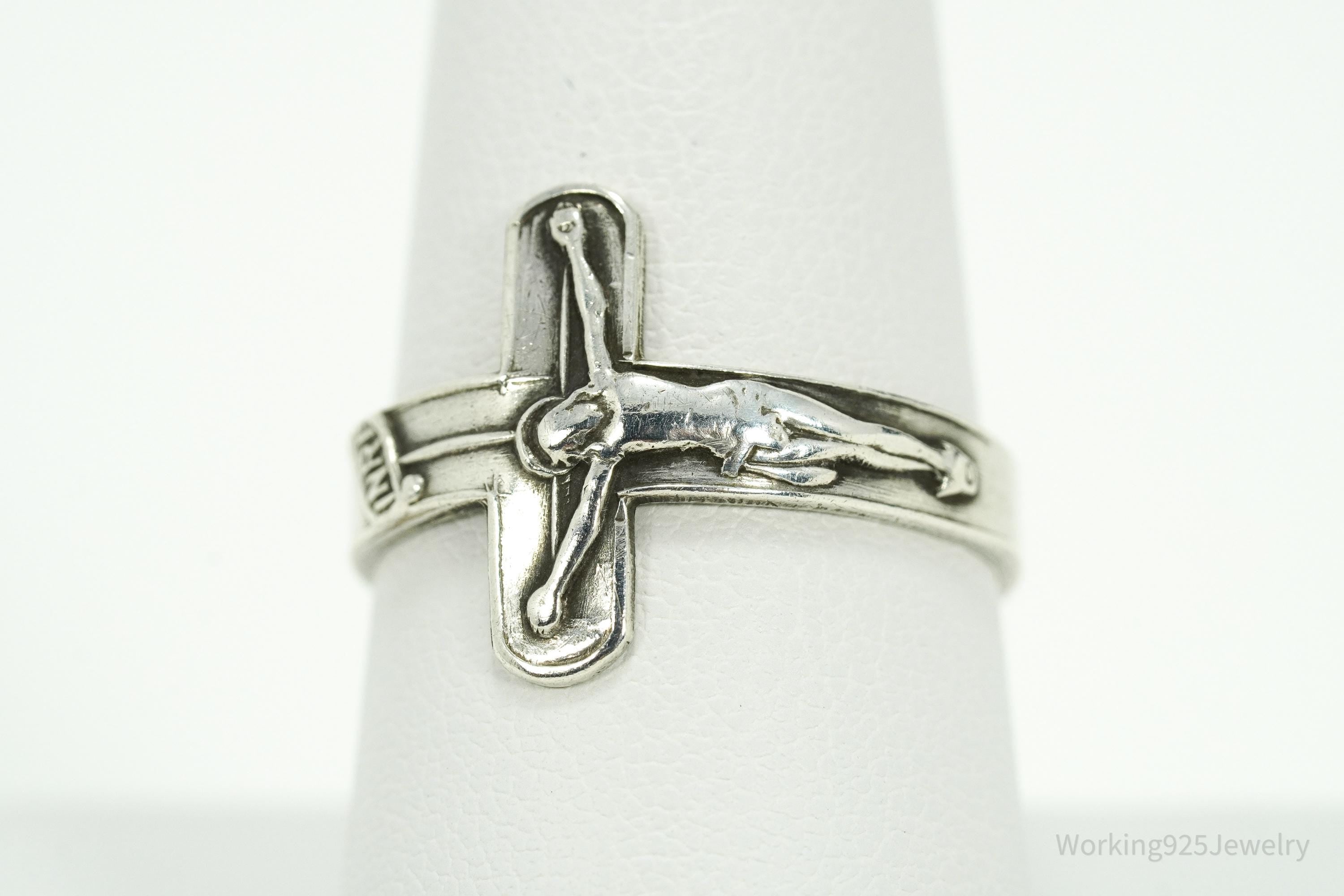 Vintage Crucifix Cross Sterling Silver Ring - Size 8.75 Adjustable