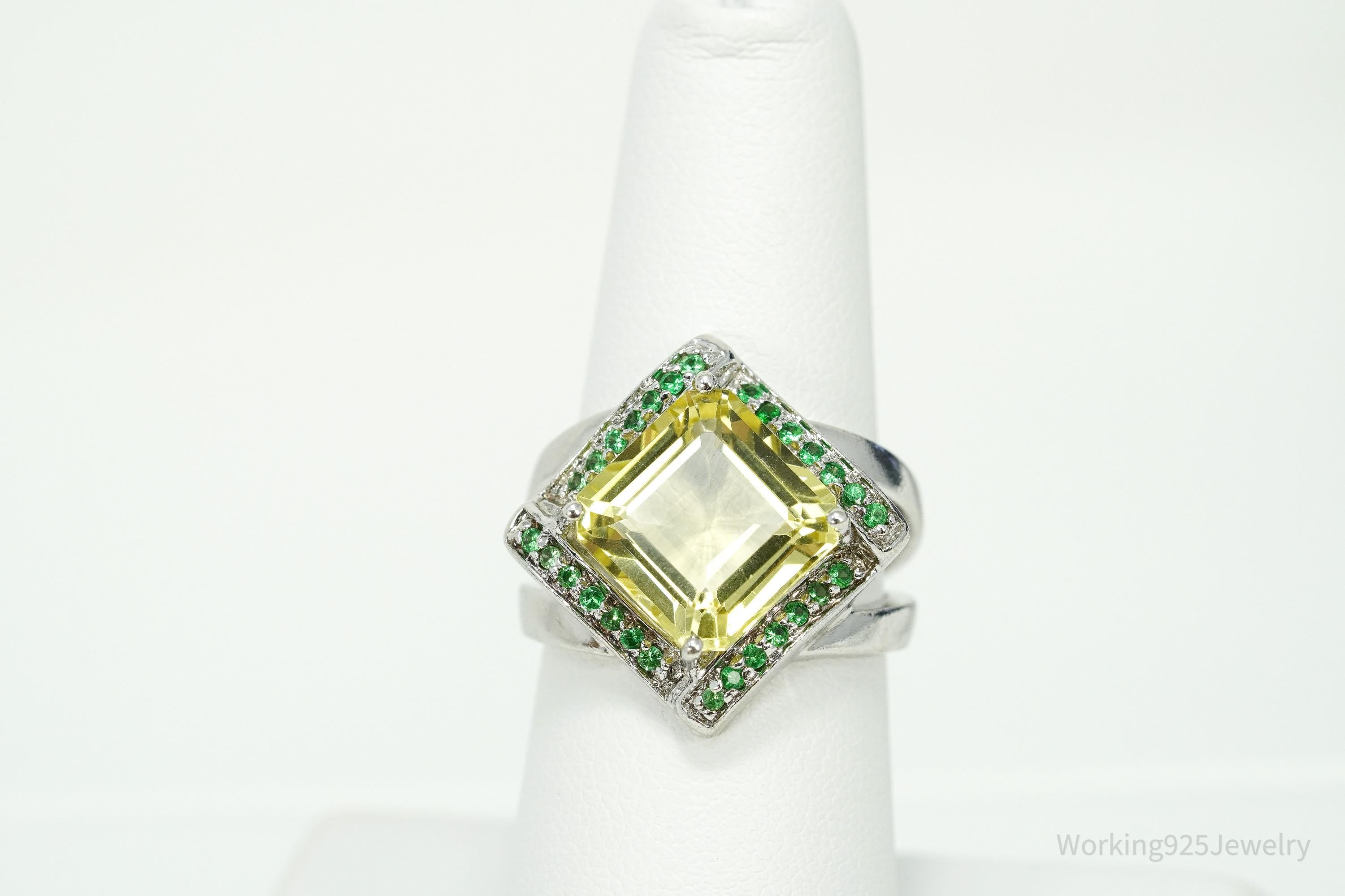 Vintage Lemon Citrine & Emerald Sterling Silver Ring Size 7