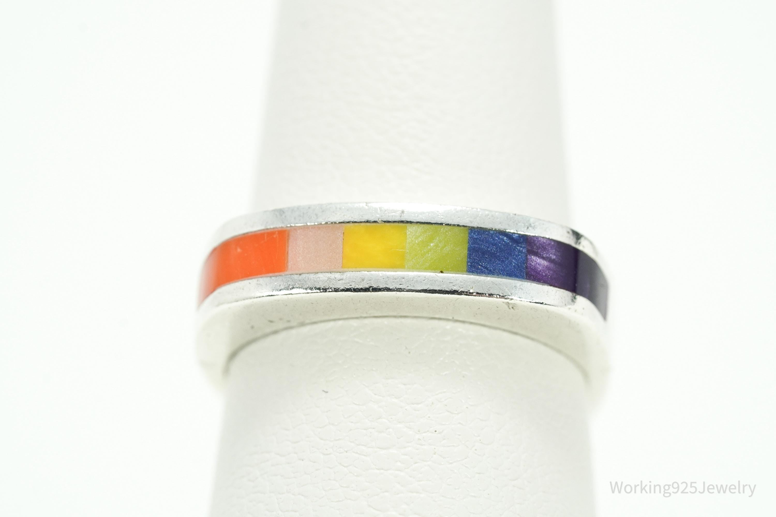 Vintage Rainbow Enamel Inlay Sterling Silver Ring Size 6