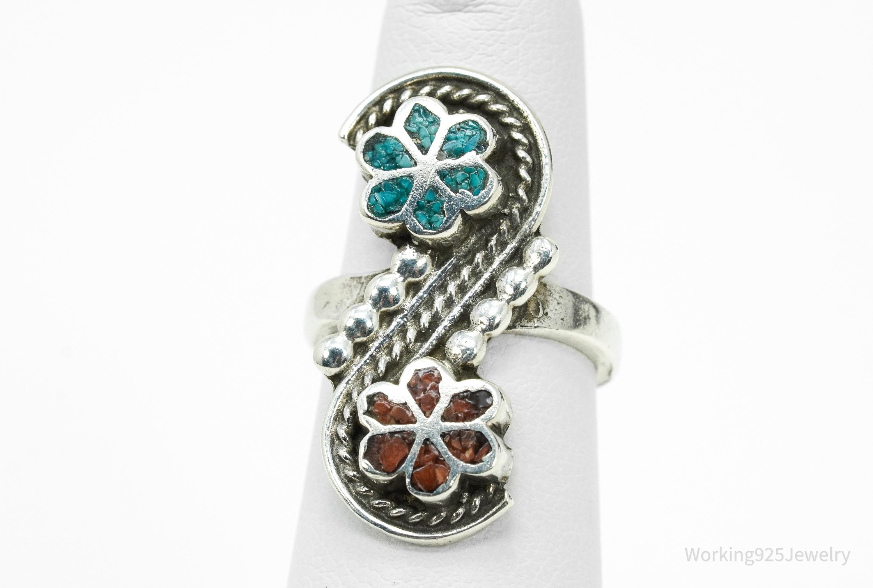 Vintage Native American Turquoise & Coral Inlay Silver Ring Size 5