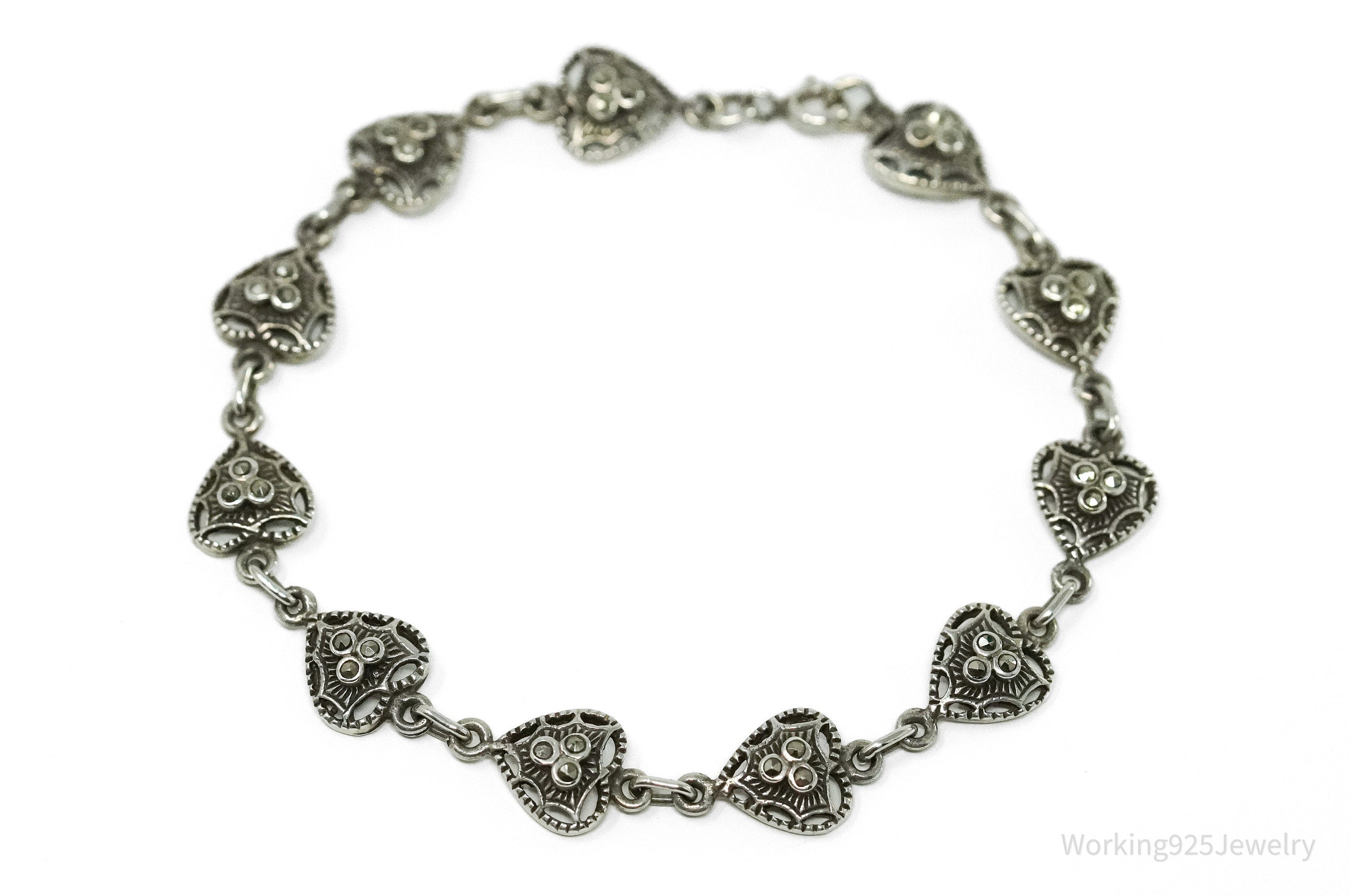 Vintage Marcasite Hearts Sterling Silver Bracelet 7.5"