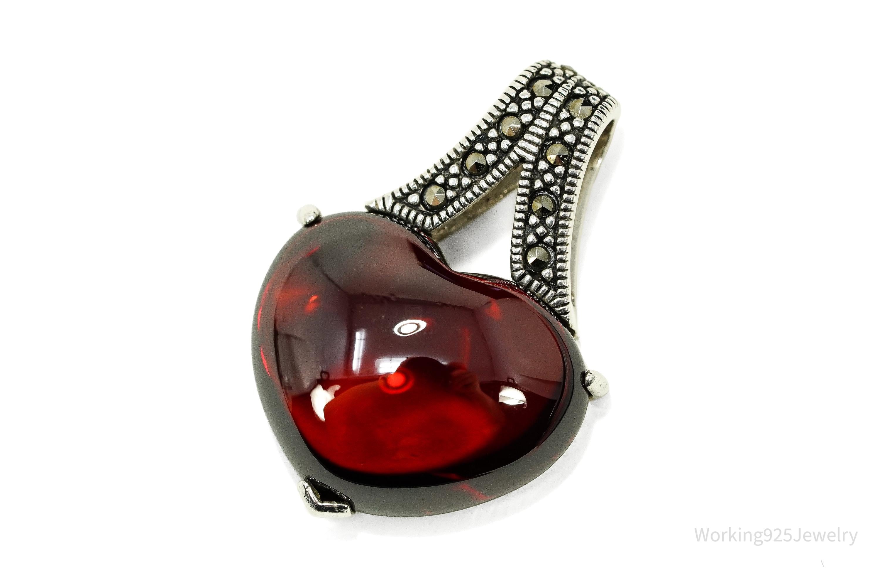 Vintage Large Red Stone & Marcasite Heart Sterling Silver Pendant