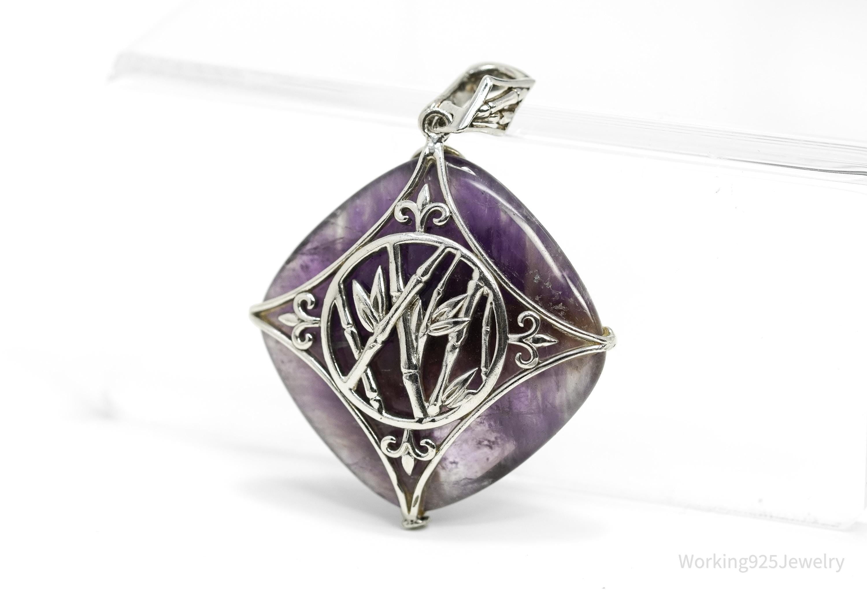 Vintage Large Purple Amethyst Sterling Silver Necklace Pendant 1 13/16"