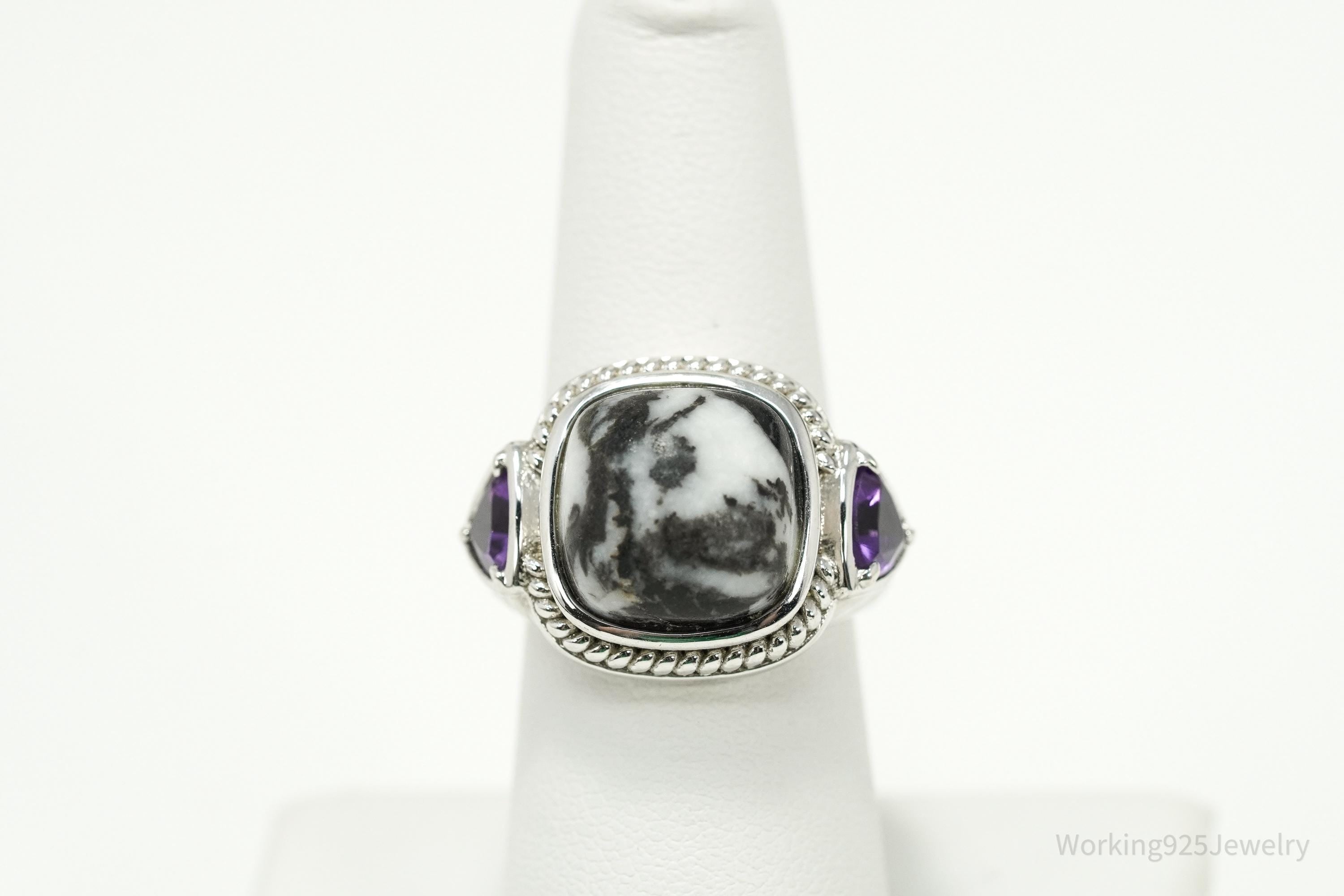 Vintage Black & White Gemstone Amethyst Sterling Silver Ring – Size 7