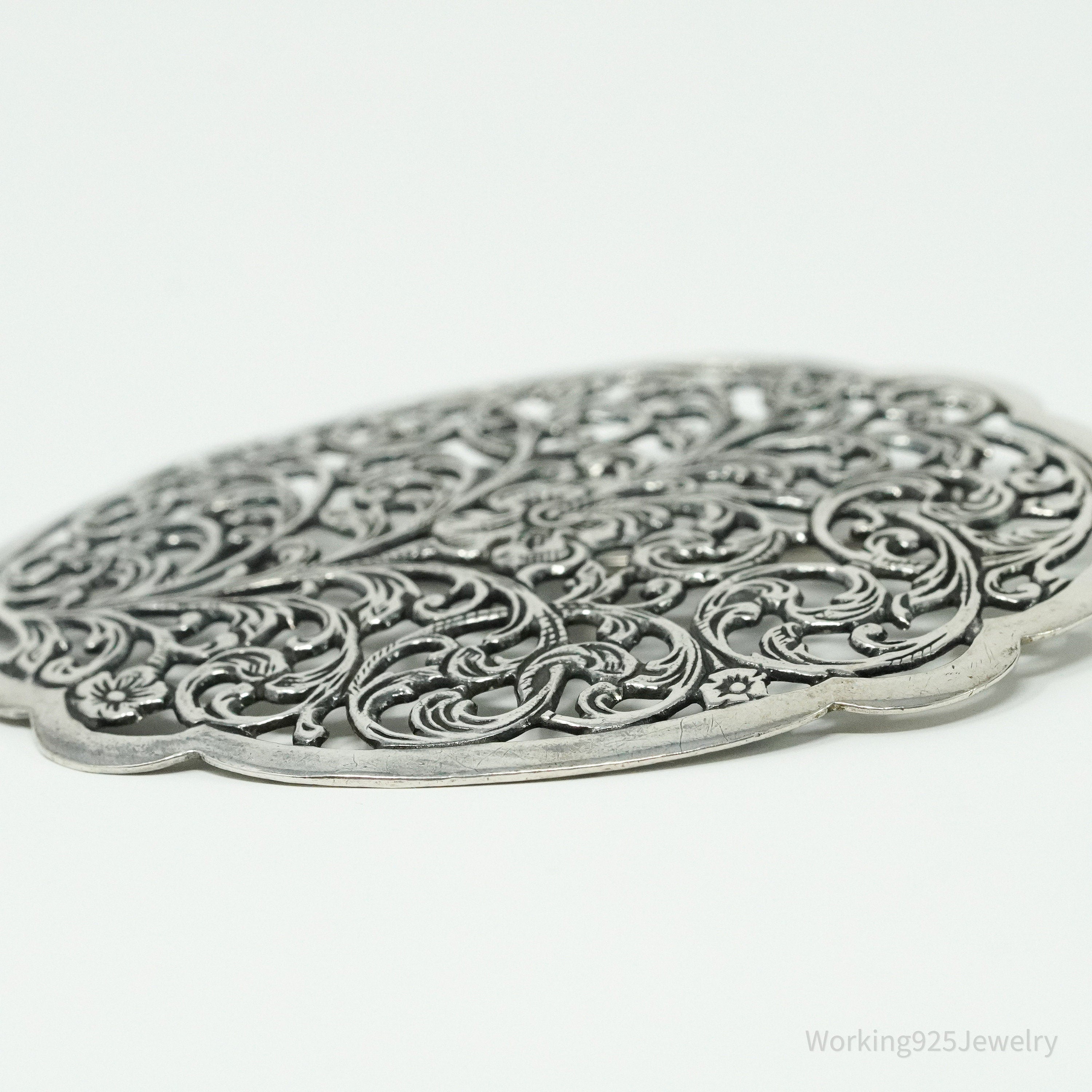 Large Vintage Floral Sterling Silver Brooch Pin 2"