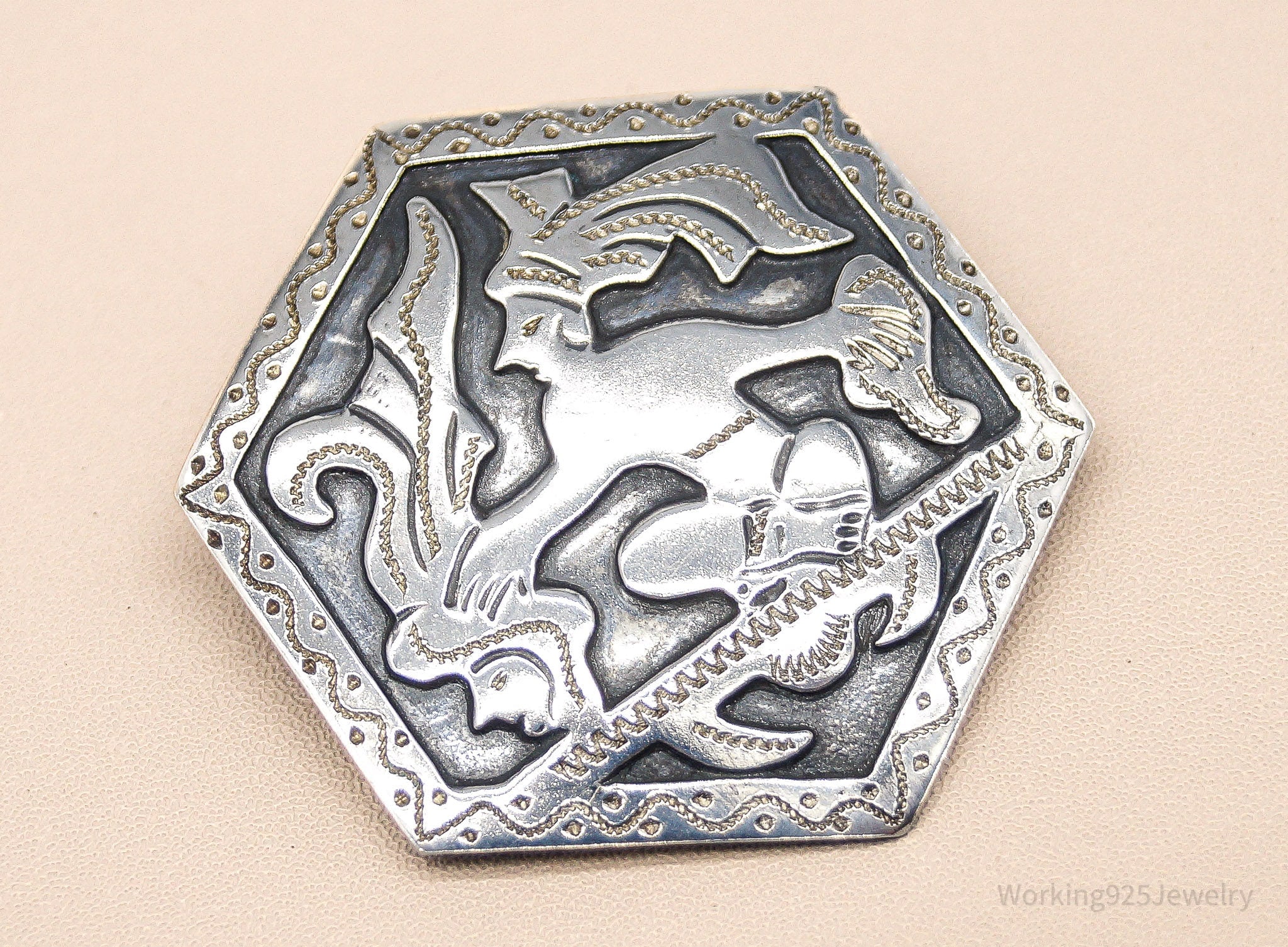Large Vintage Guatemala Tribe Silver Brooch Pin