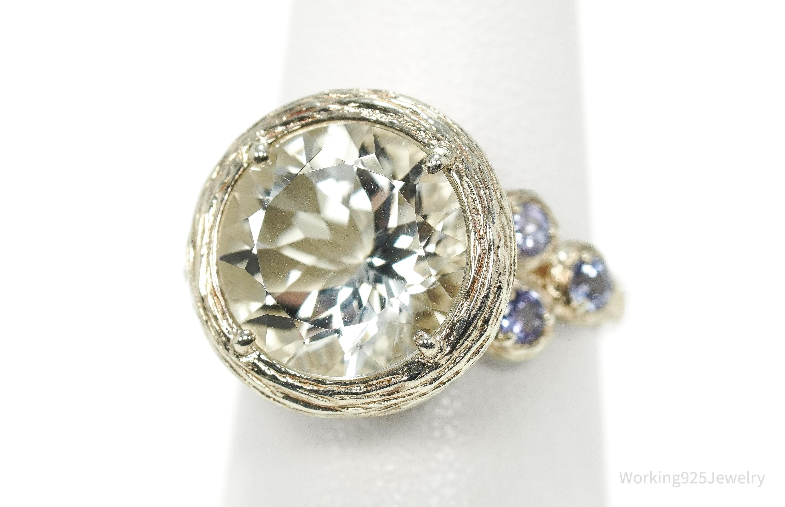 Vintage Israel Designer Paz PZ Clear Quartz & Tanzanite Sterling Silver Ring - Size 6.25