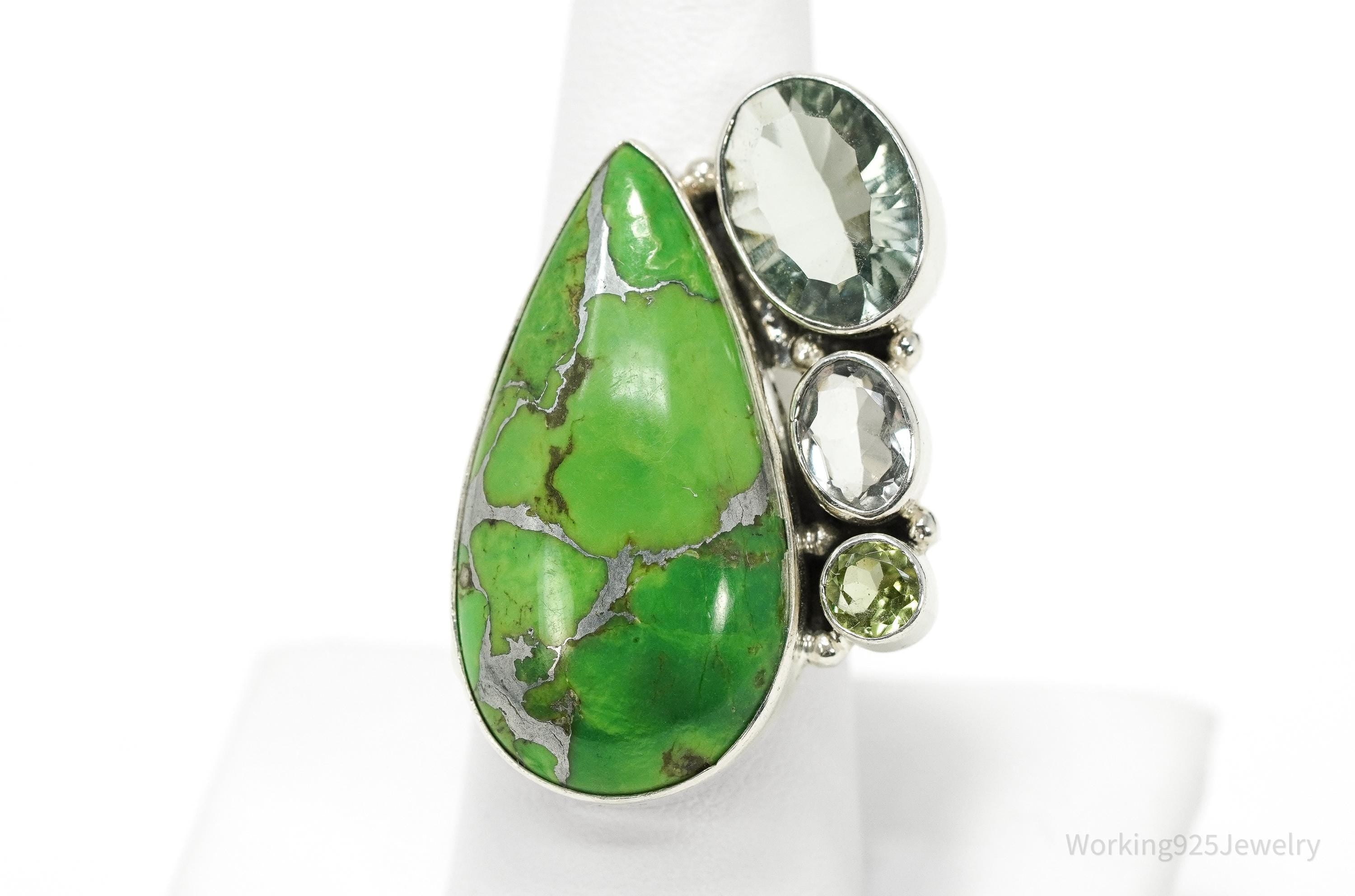 Vintage Green Mojave Turquoise Multi Gemstone Sterling Silver Ring - Size 8.5