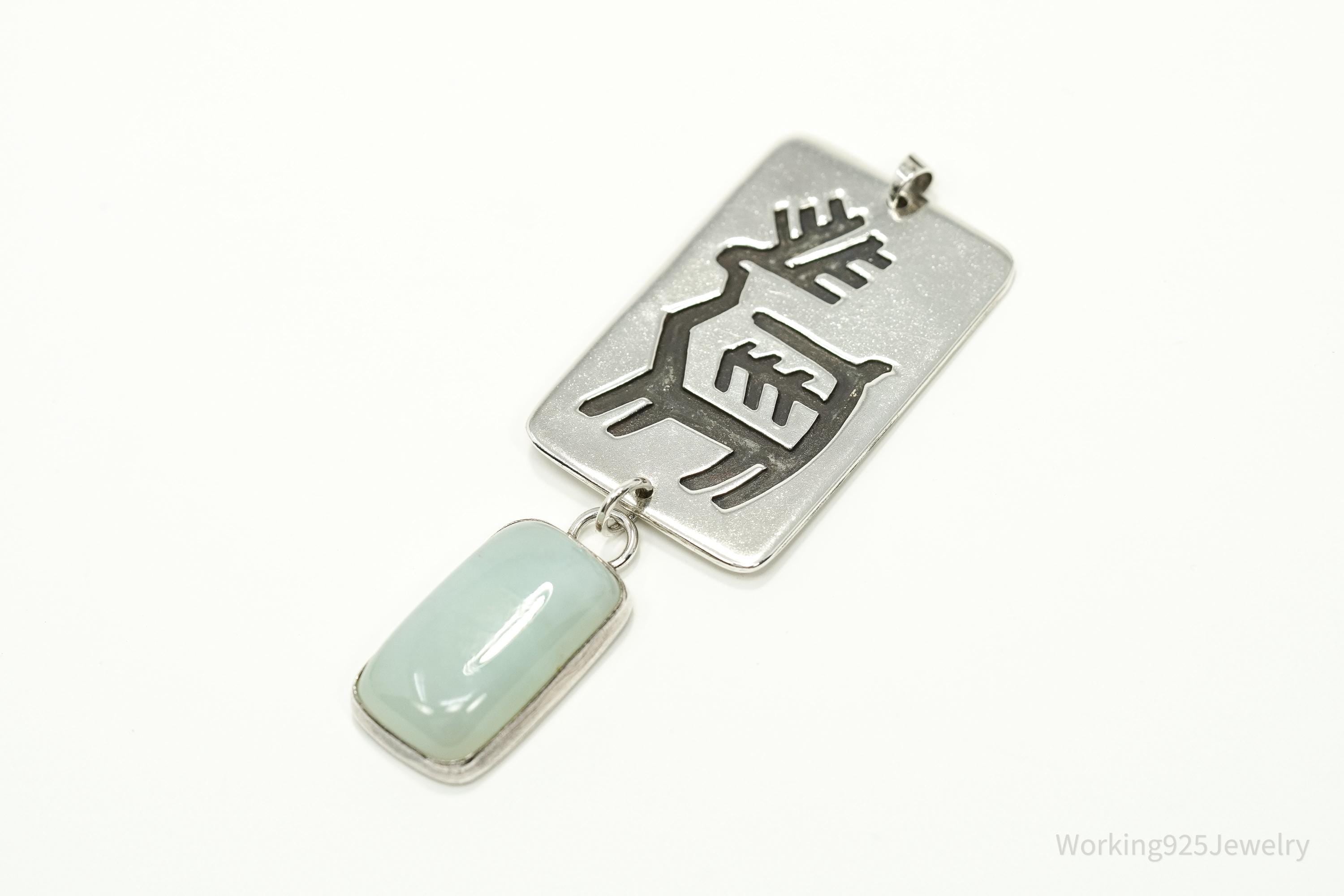 Large Vintage Native American Aqua Chalcedony Sterling Silver Pendant 2.75"