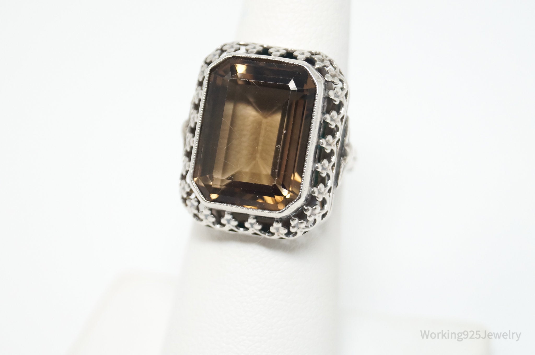 Vintage Large Smoky Topaz 835 Silver Ornate Statement Ring - Sz 6