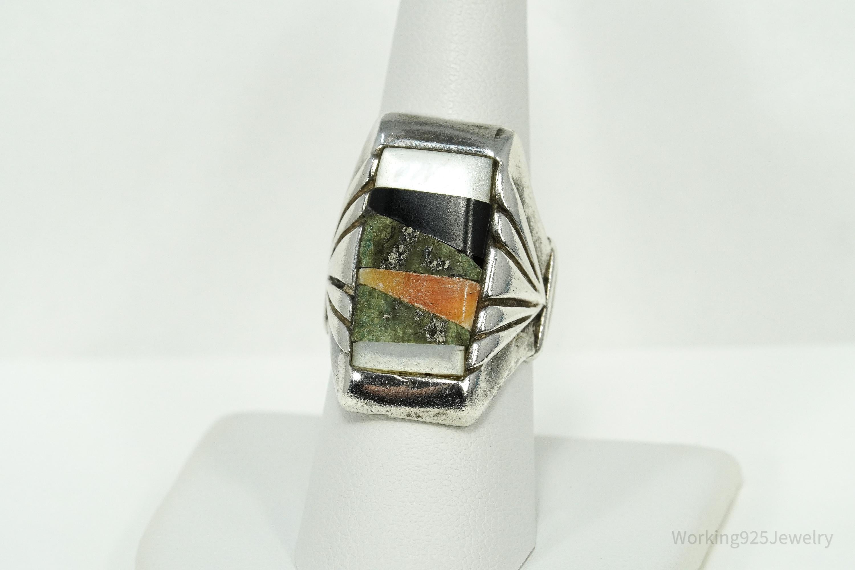 Vintage Handmade Native American Multi Gem Inlay Silver Ring - Size 8.5