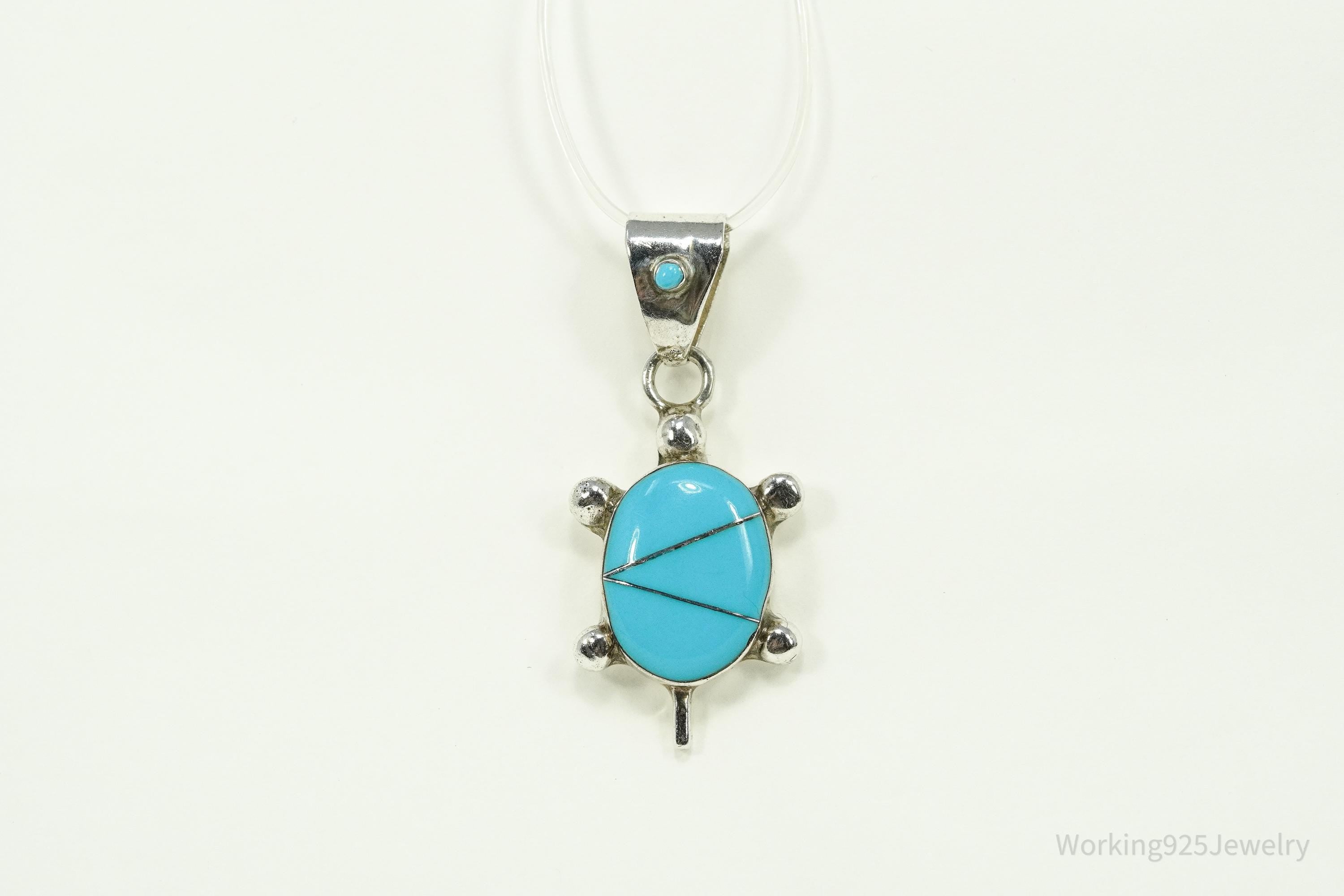 Vintage Native American Turquoise Inlay Turtle Sterling Silver Pendant 1.5"