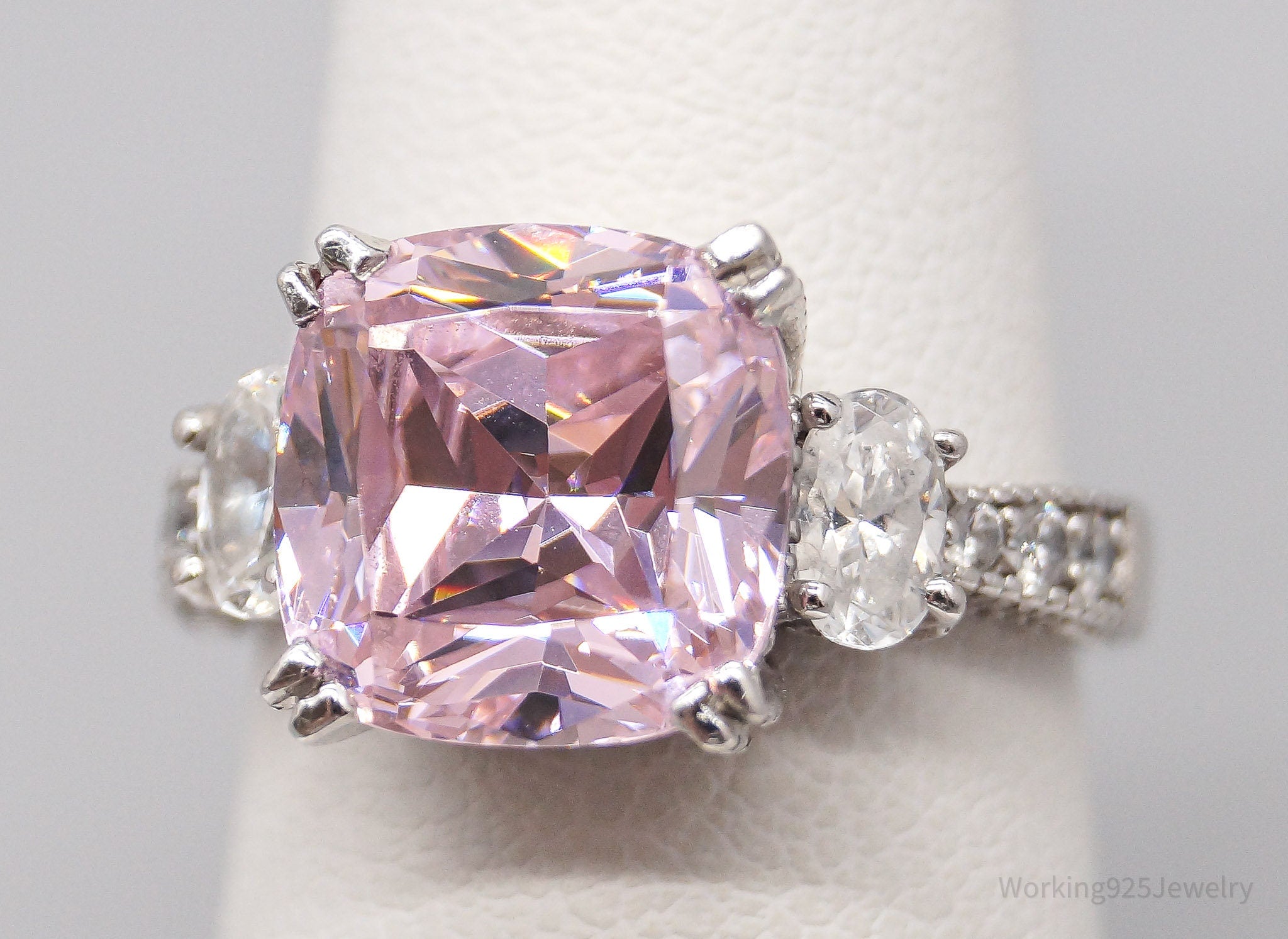 Vintage Large Pink & White Cubic Zirconia Sterling Silver Ring - Size 6