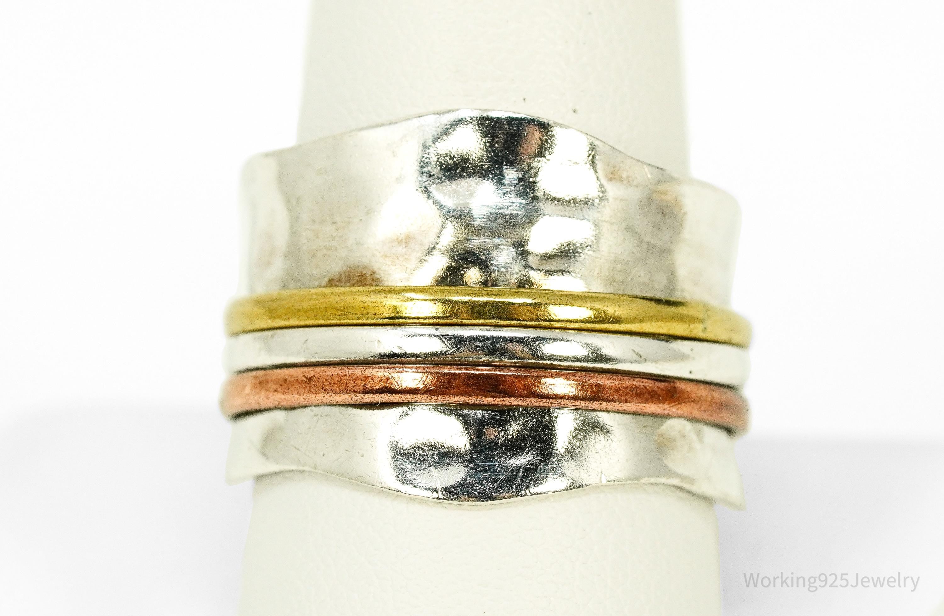 Vintage Brass Copper Sterling Silver Israel Spinner Band Ring- Size 10.5