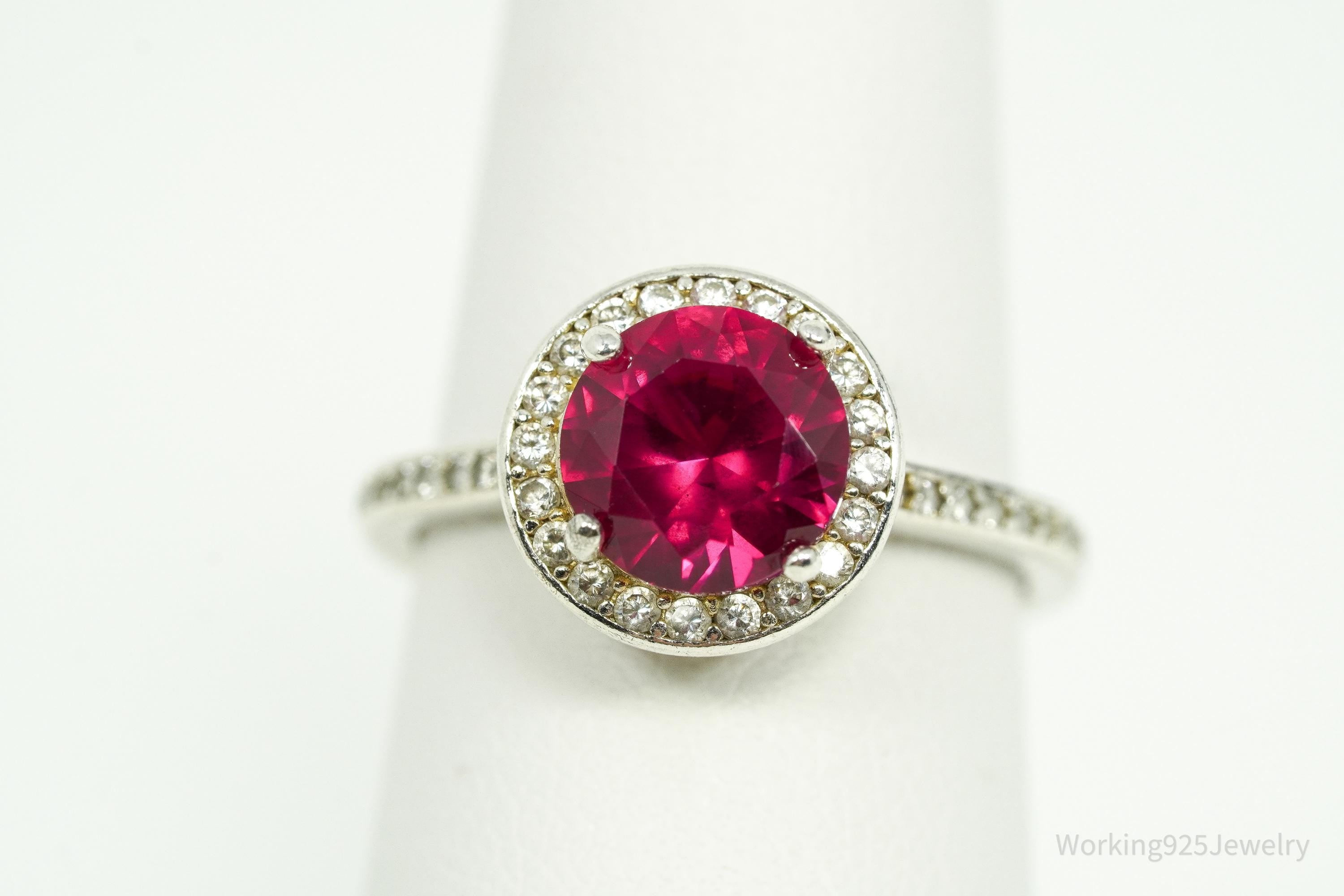 Vintage Ruby & Cubic Zirconia Sterling Silver Ring - Size 7