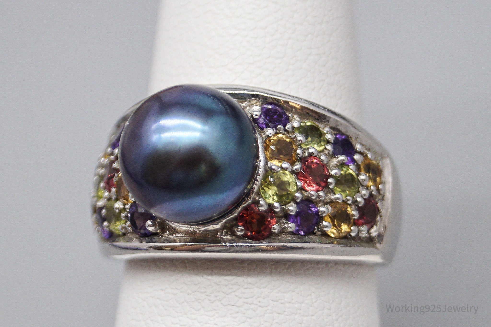 Vintage Designer Pearl & Multi Gem Sterling Silver Ring - Size 8
