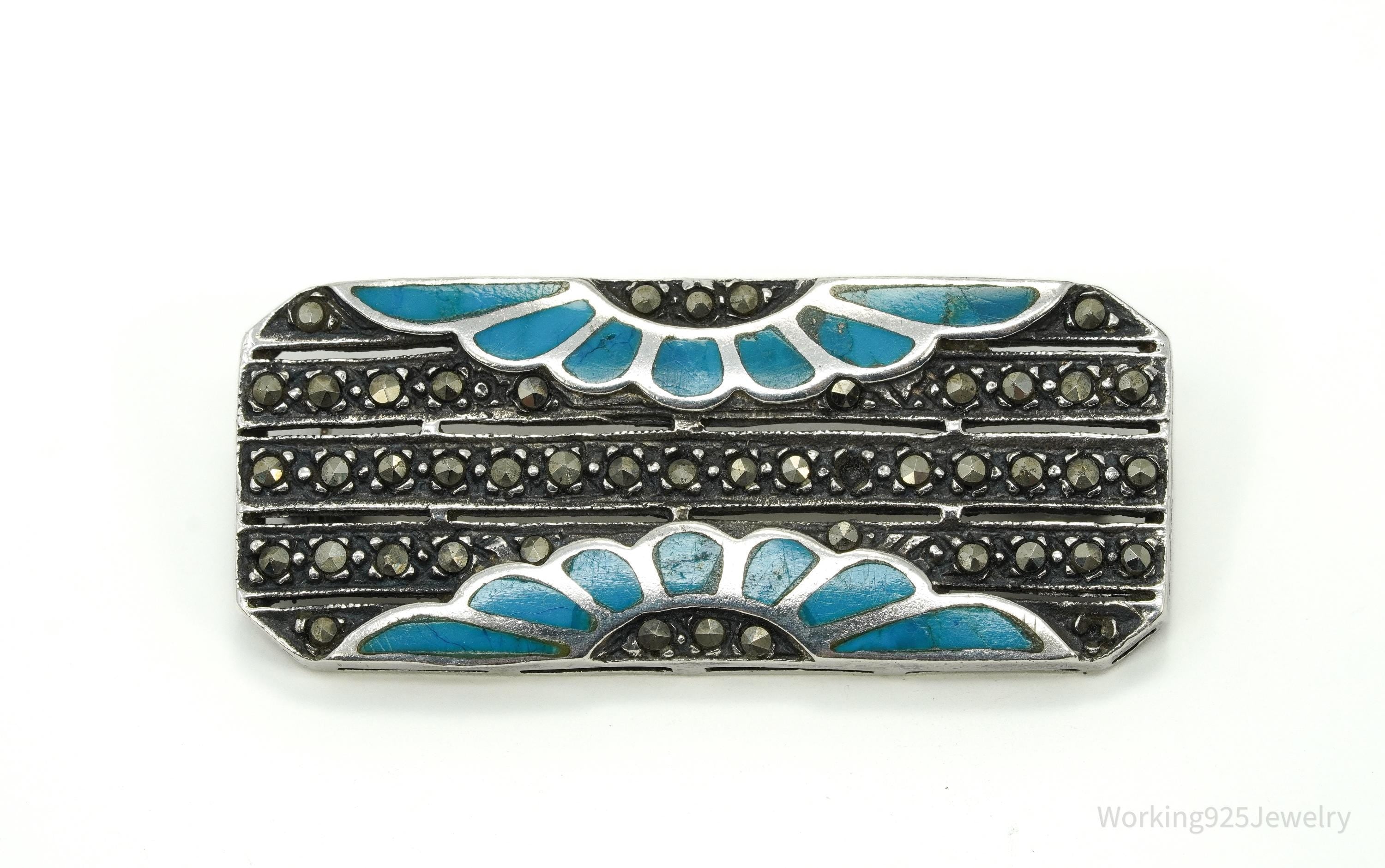 Vintage Marcasite & Turquoise Inlay Art Deco Style Sterling Silver Brooch Pin