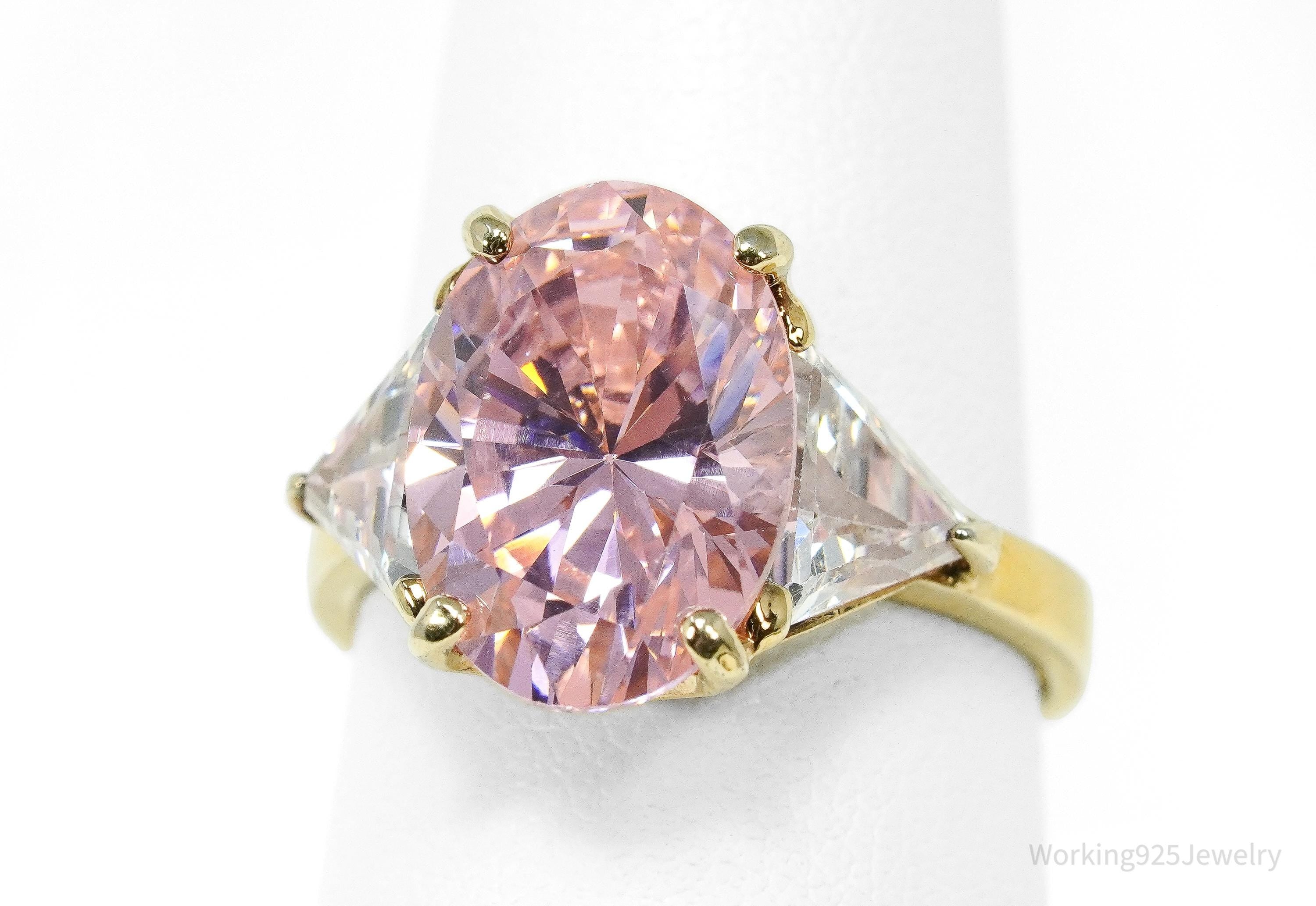 Vintage EDCO Pink & White Cubic Zirconia Gold Vermeil Sterling Silver Ring Size 8