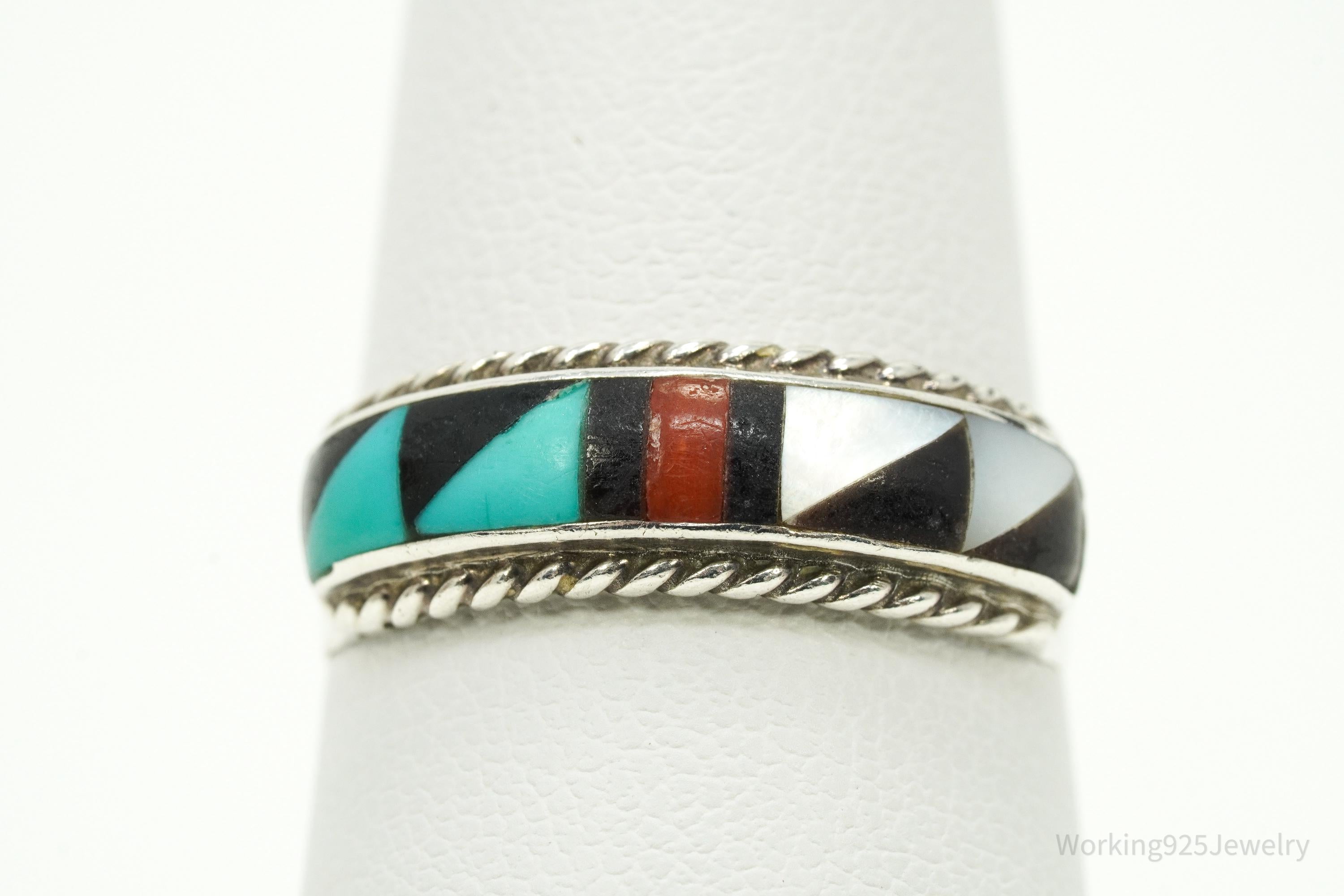 Vintage Native American Roger Skeet Multi Gem Inlay Sterling Silver Ring Size 8