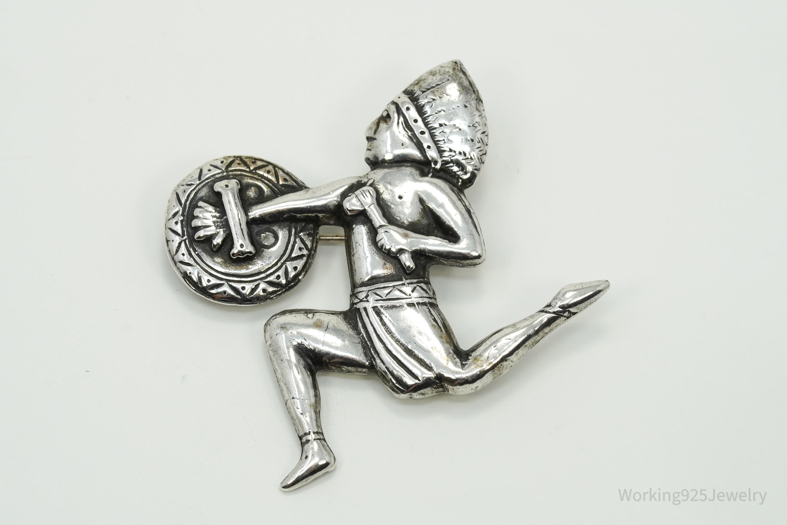 Vintage Native American Warrior Unsigned Silver Brooch Pin
