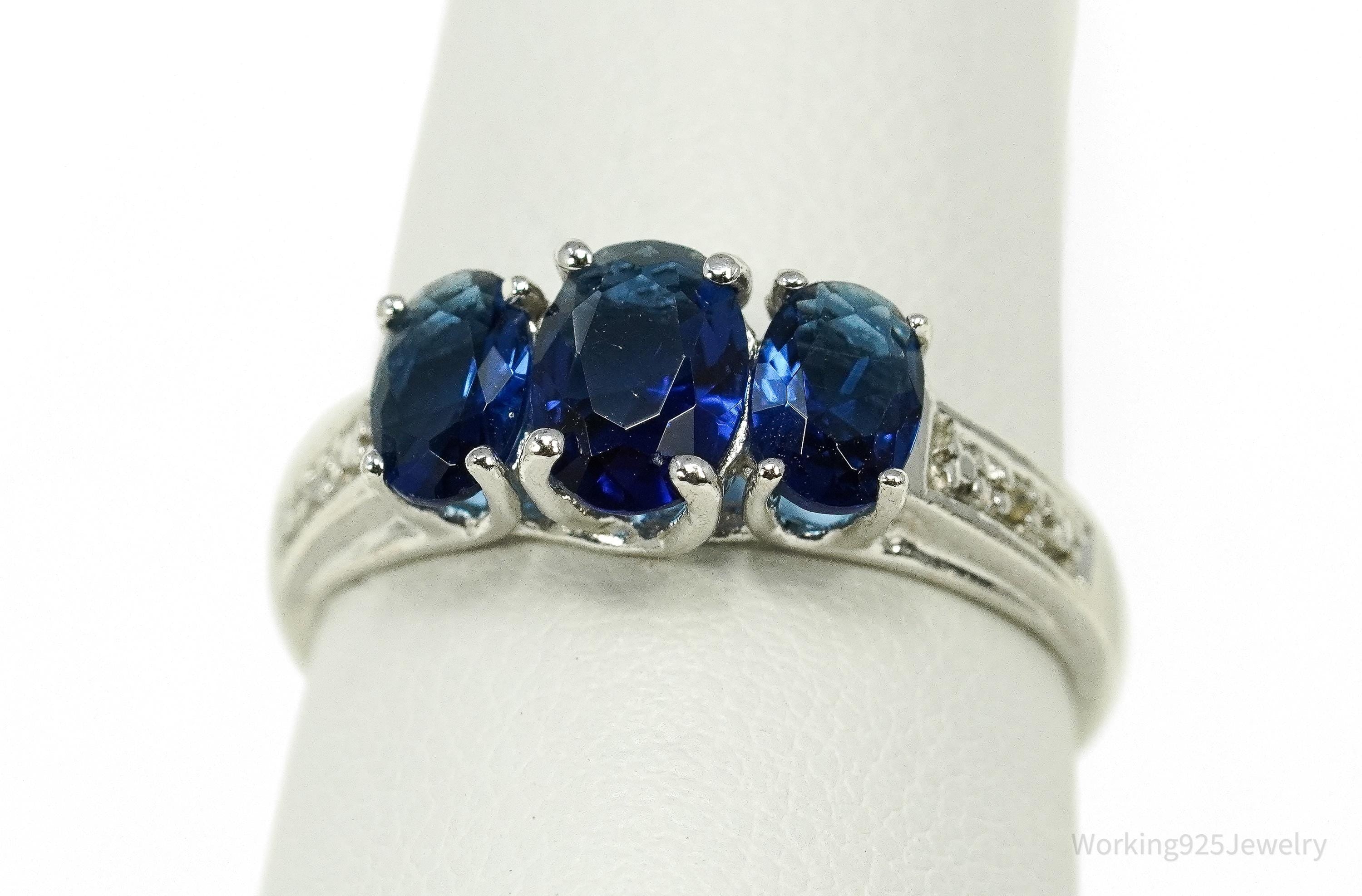 Vintage Blue Simulated Sapphires & 2 Diamonds Sterling Silver Ring - Size 7.25