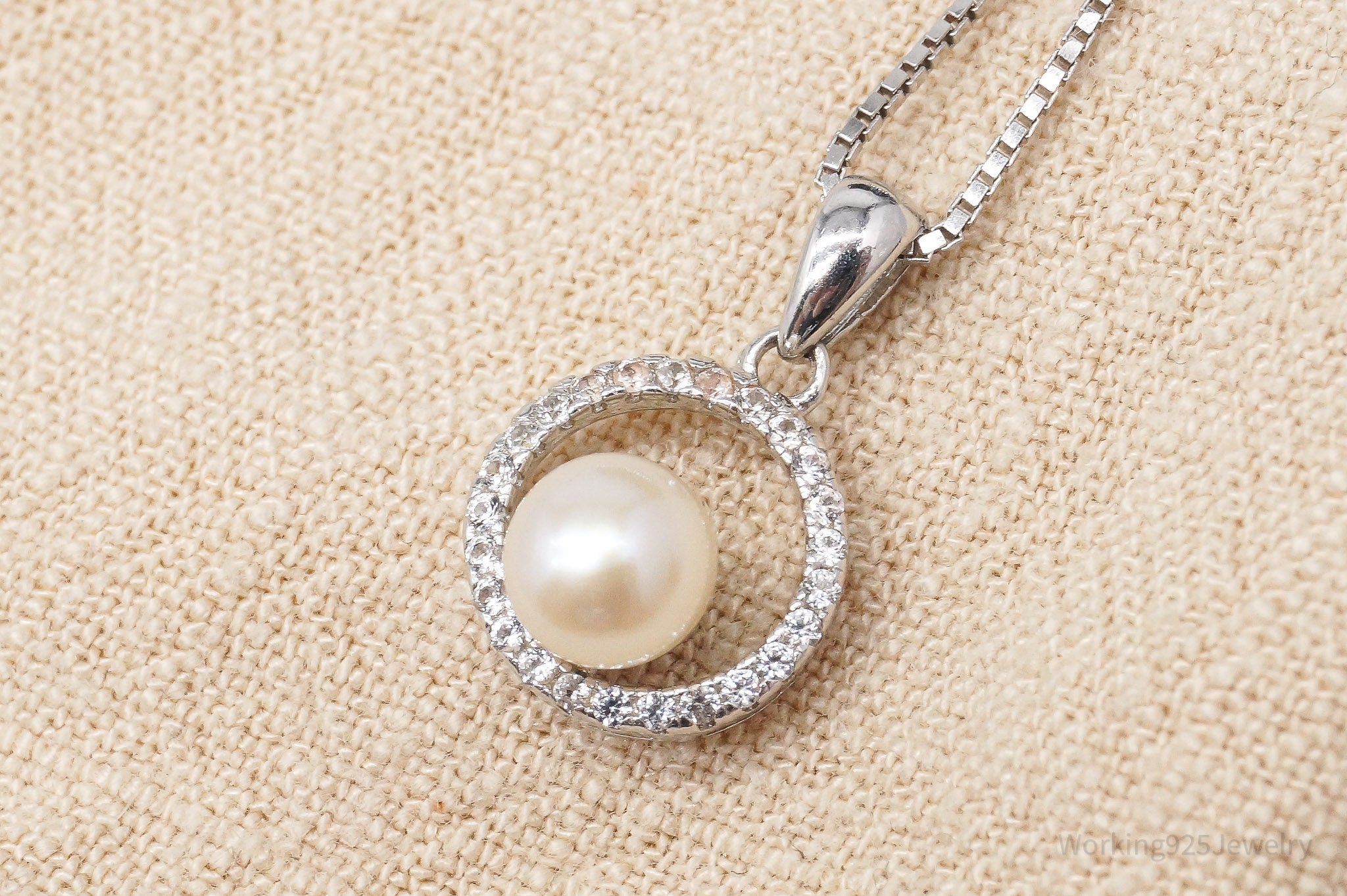 Vintage Pearl Cubic Zirconia Sterling Silver Necklace 18"