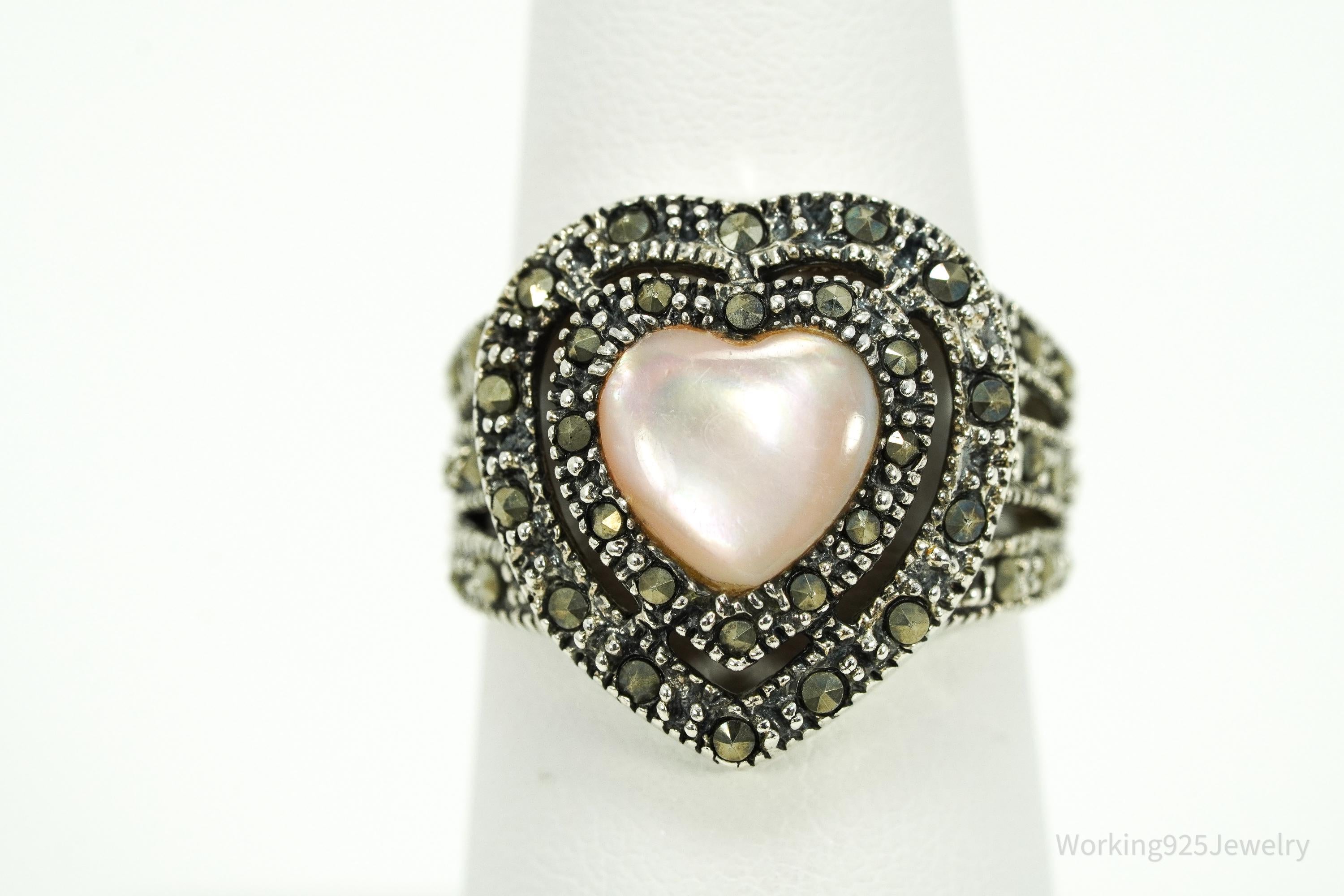 Vintage Pink Mother Of Pearl & Marcasite Sterling Silver Ring - Size 7