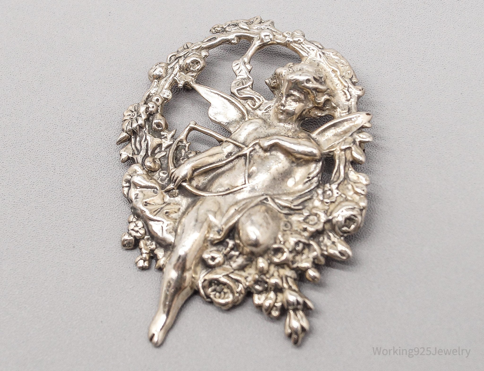 Large Vintage Cupid Angel Sterling Silver Brooch Pin
