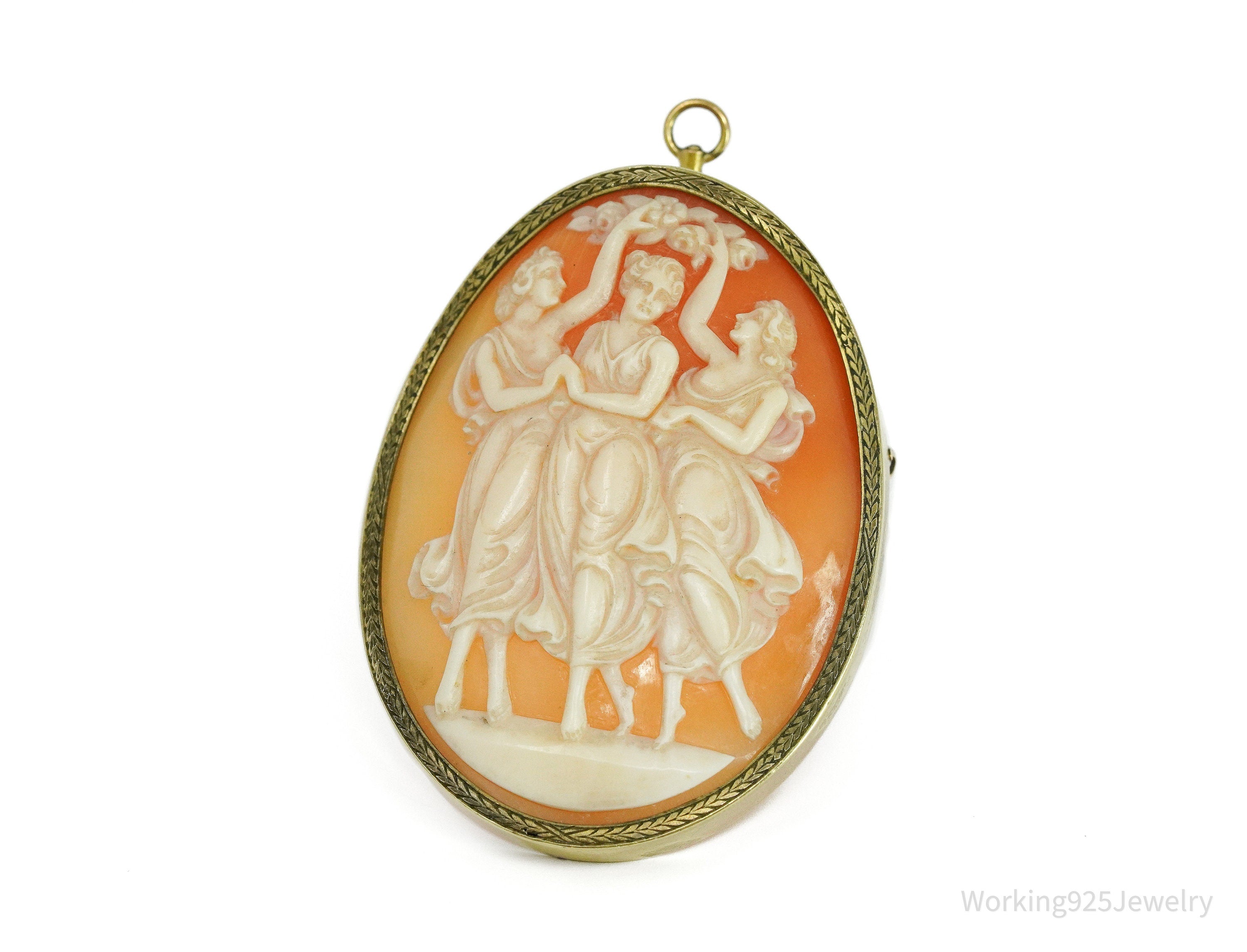 Antique 14K Yellow Gold Shell Cameo Brooch Pin Pendant