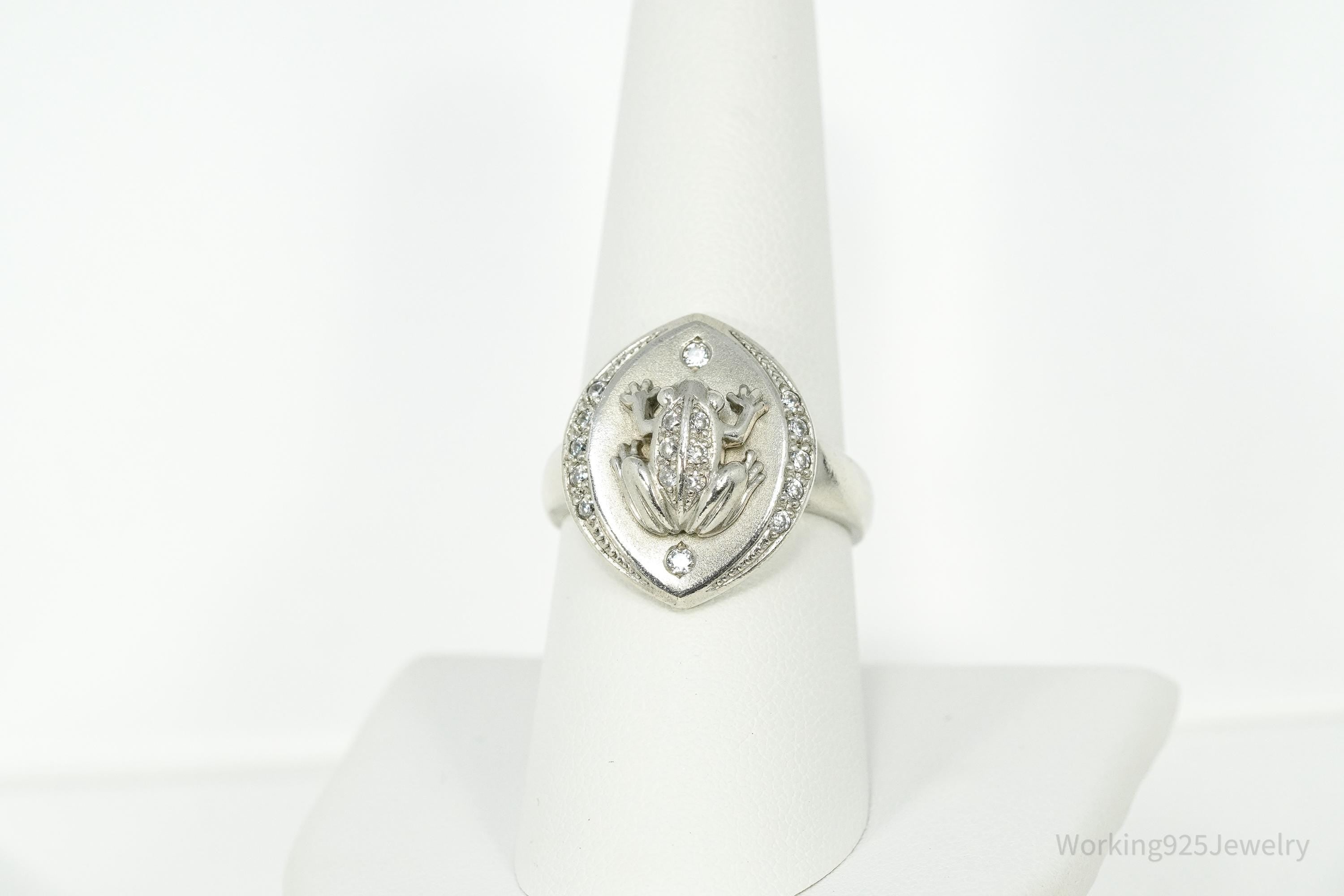 Vintage Frog Cubic Zirconia Sterling Silver Ring - Size 8.25