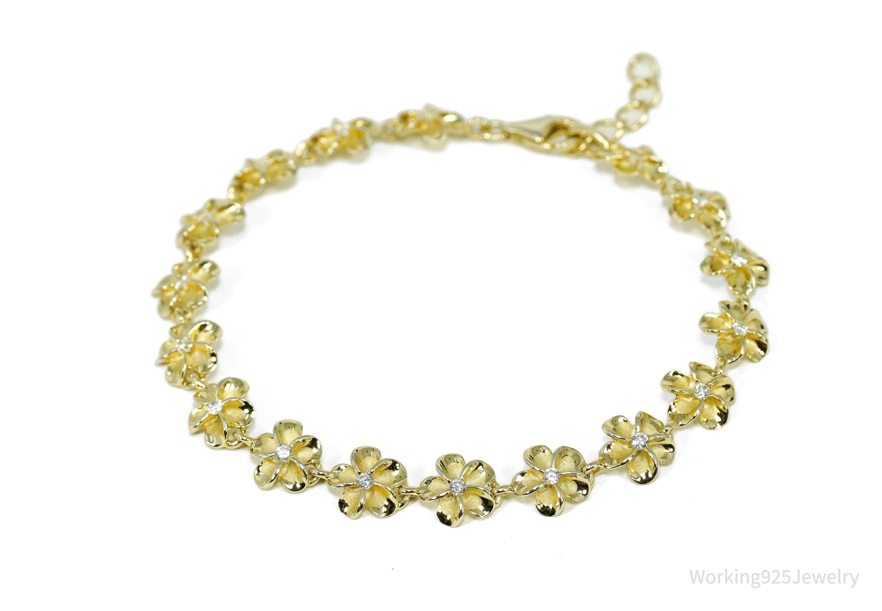 Vintage Cubic Zirconia Gold Vermeil Sterling Silver Flowers Tennis Bracelet 7.75"