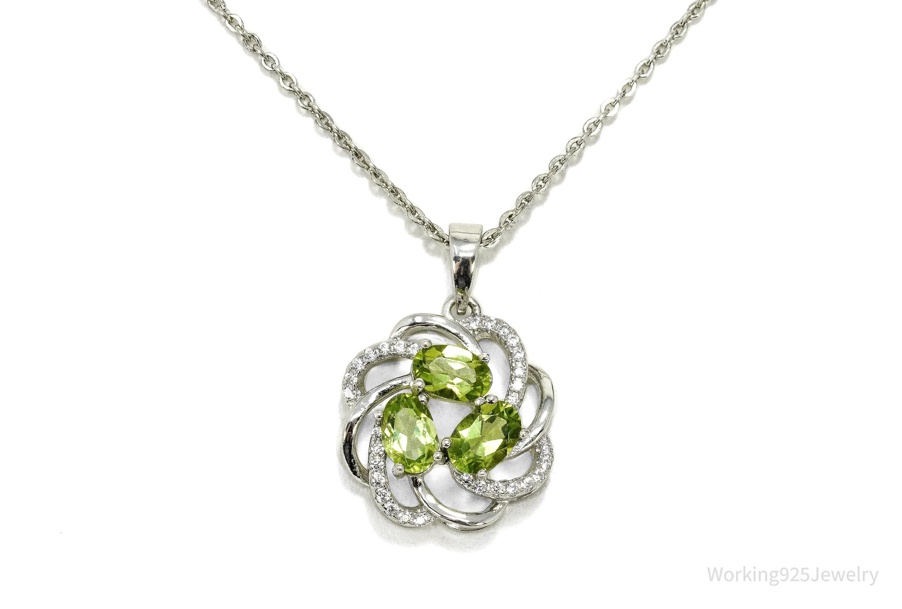 Vintage Peridot & Cubic Zirconia Sterling Silver Necklace 18"