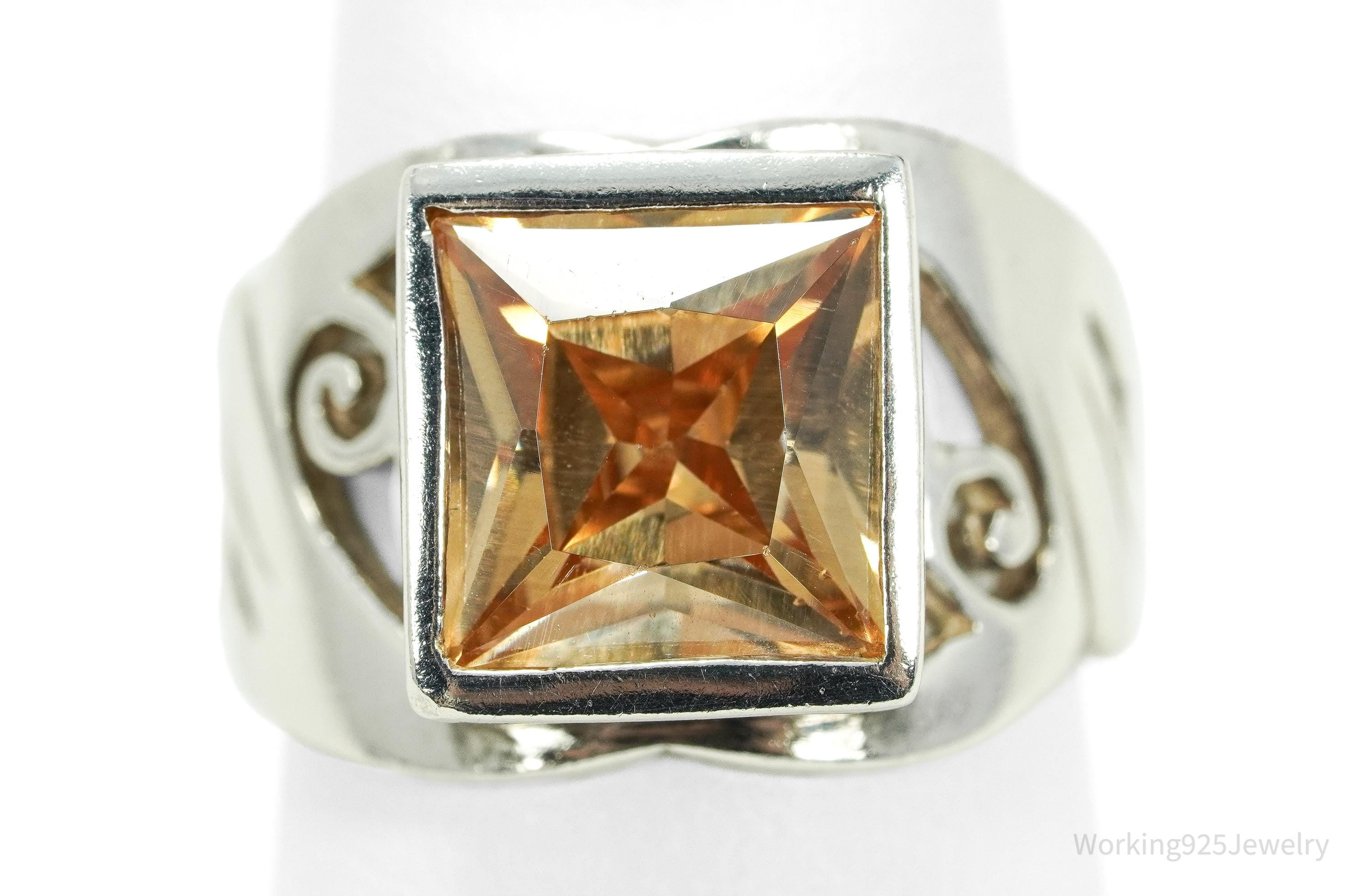 Vintage Orange Cubic Zirconia Sterling Silver Ring - Size 8.25